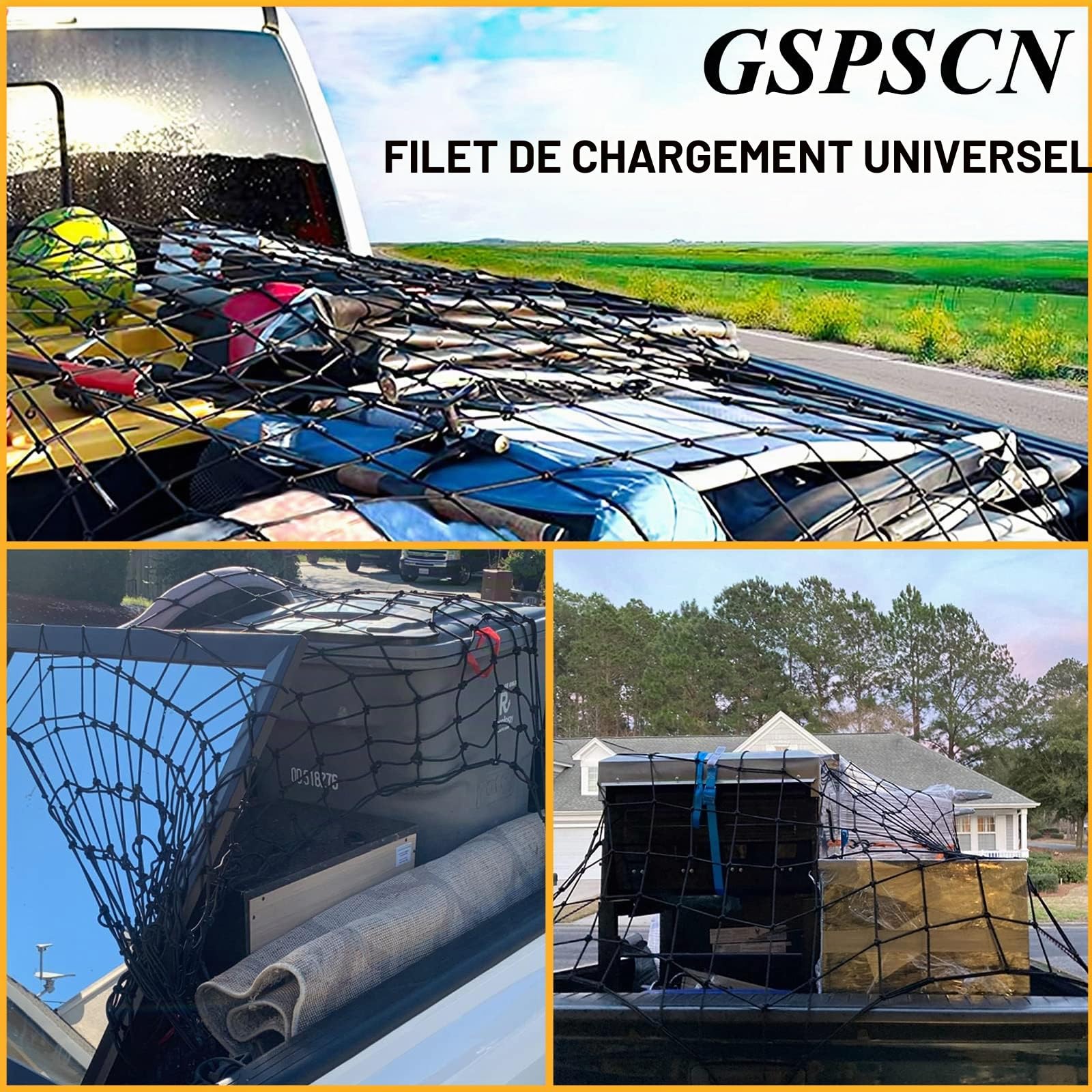 GSPSCN Filet de chargement de 1,8 x 1,2 m pour camion, camionnette, remorque, bateau, VUS extensible jusqu'à 3,7 x 5,5 m maximum – Petit filet élastique en maille robuste de 10,2 x 10,2 cm compatible