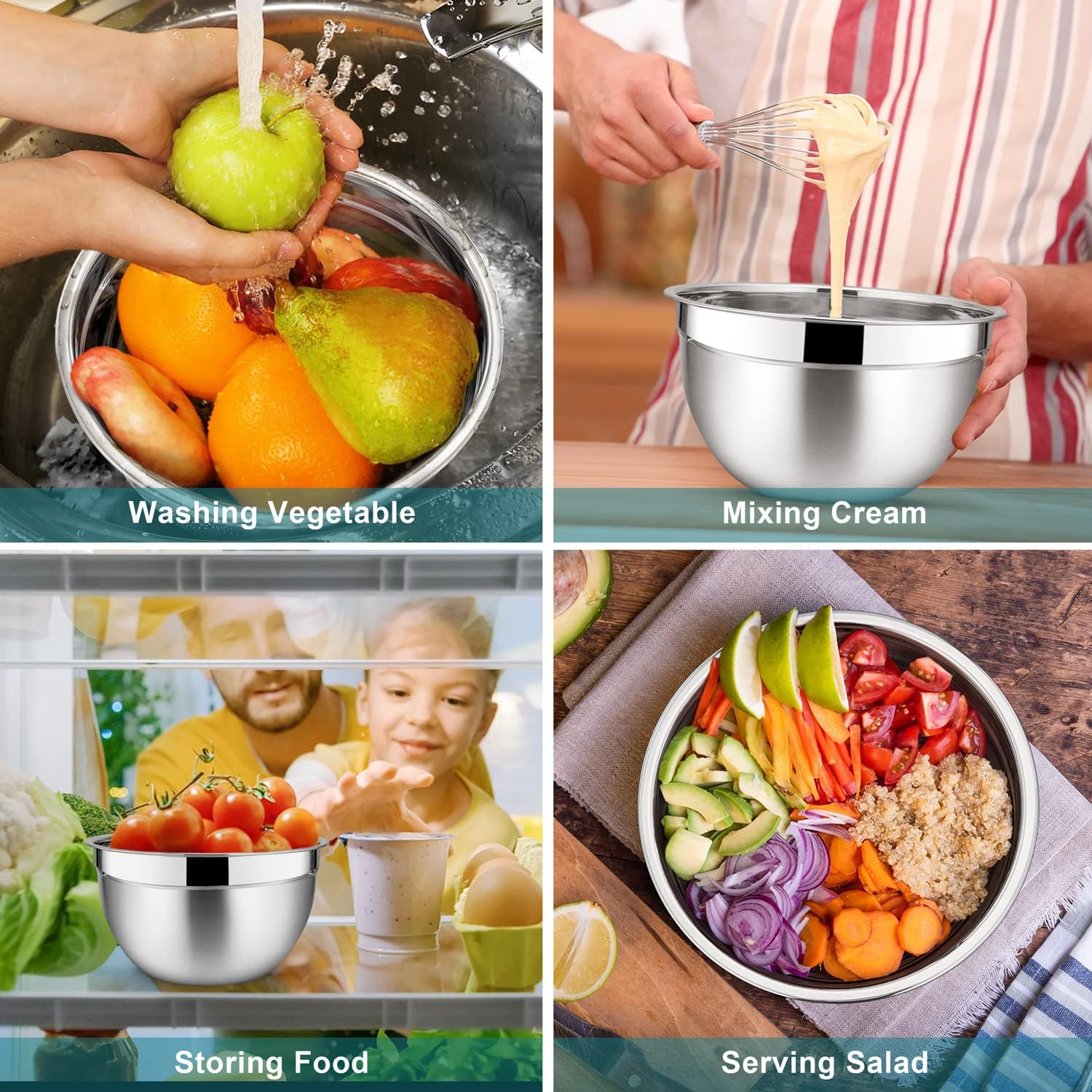 Walchoice Mixing Bowls with Lid Set of 6, Stainless Steel Metal Nesting Bowls for Cooking, Baking, Preparing, Serving, Size 4.5/3/2.5/1.5/1/0.7 QT - Dark Blue