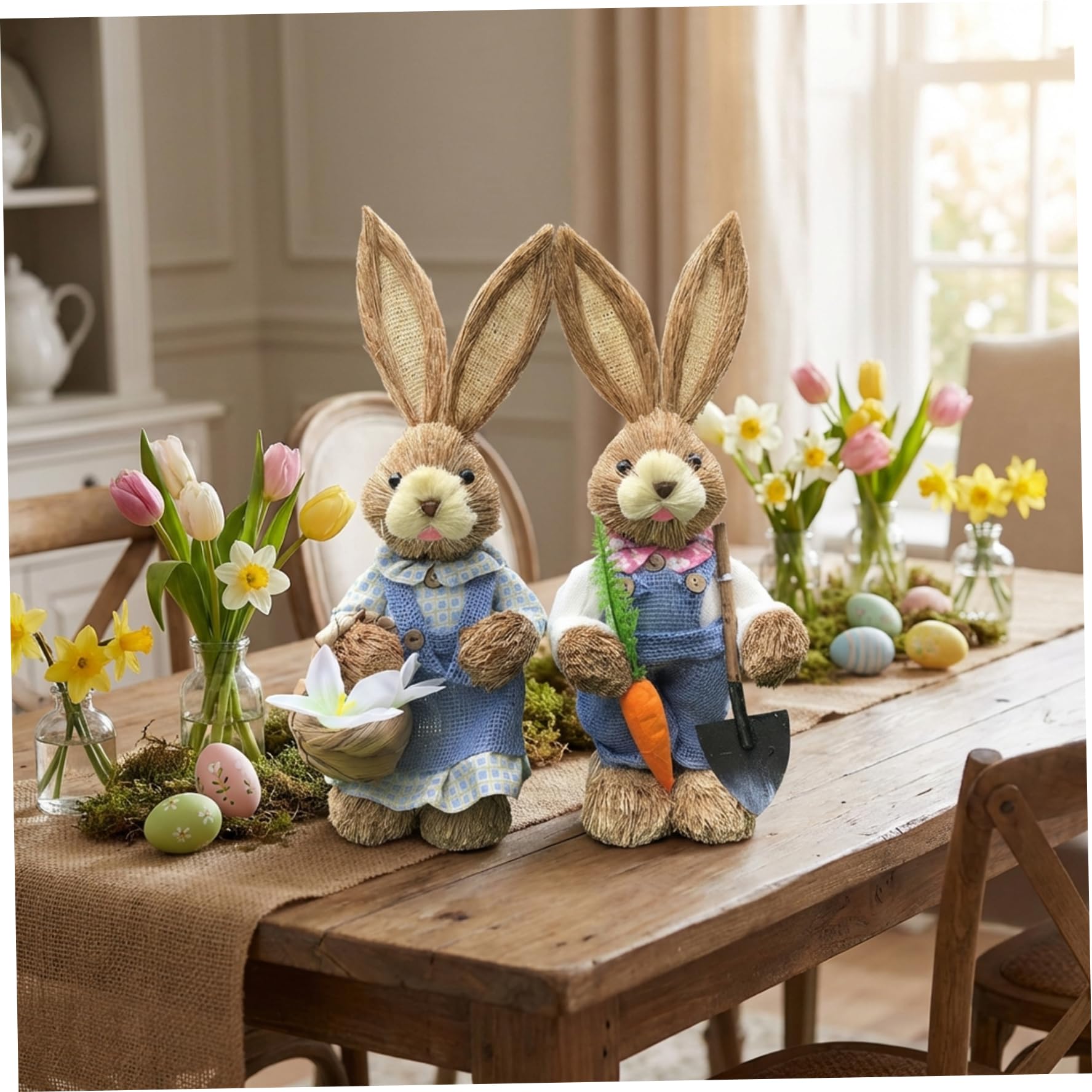Jorzer Statuette di coniglietti pasquali, decorazioni per coniglietti in paglia blu per Pasqua, grandi decorazioni primaverili per la tavola di casa da 35 cm