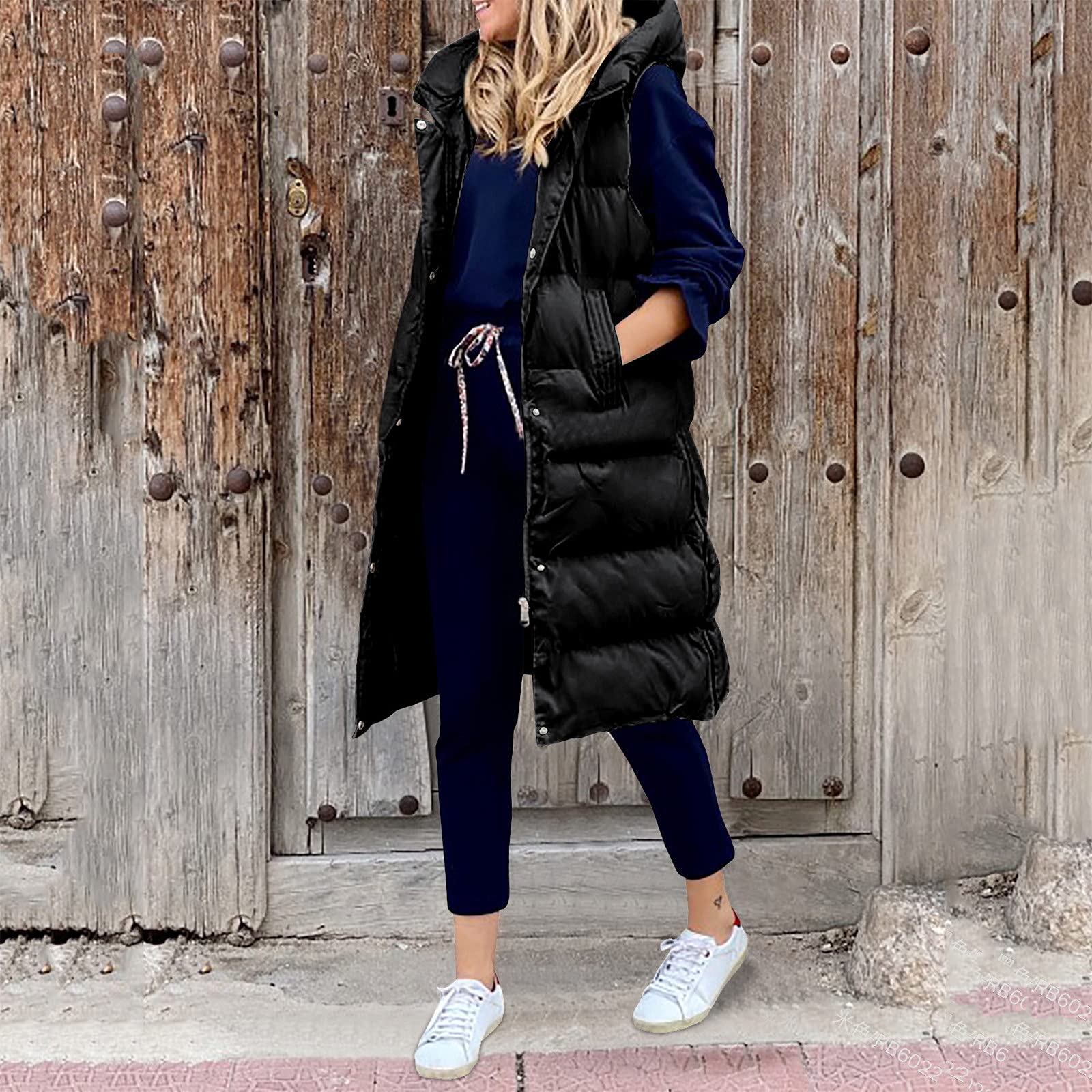 SKFLABOOF Steppweste Damen Lang mit Kapuze Ärmellose Steppmantel Warmer Weste Wintermantel Longweste mit Taschen Leichte Elegante Daunenweste Vest für Herbst und Winter