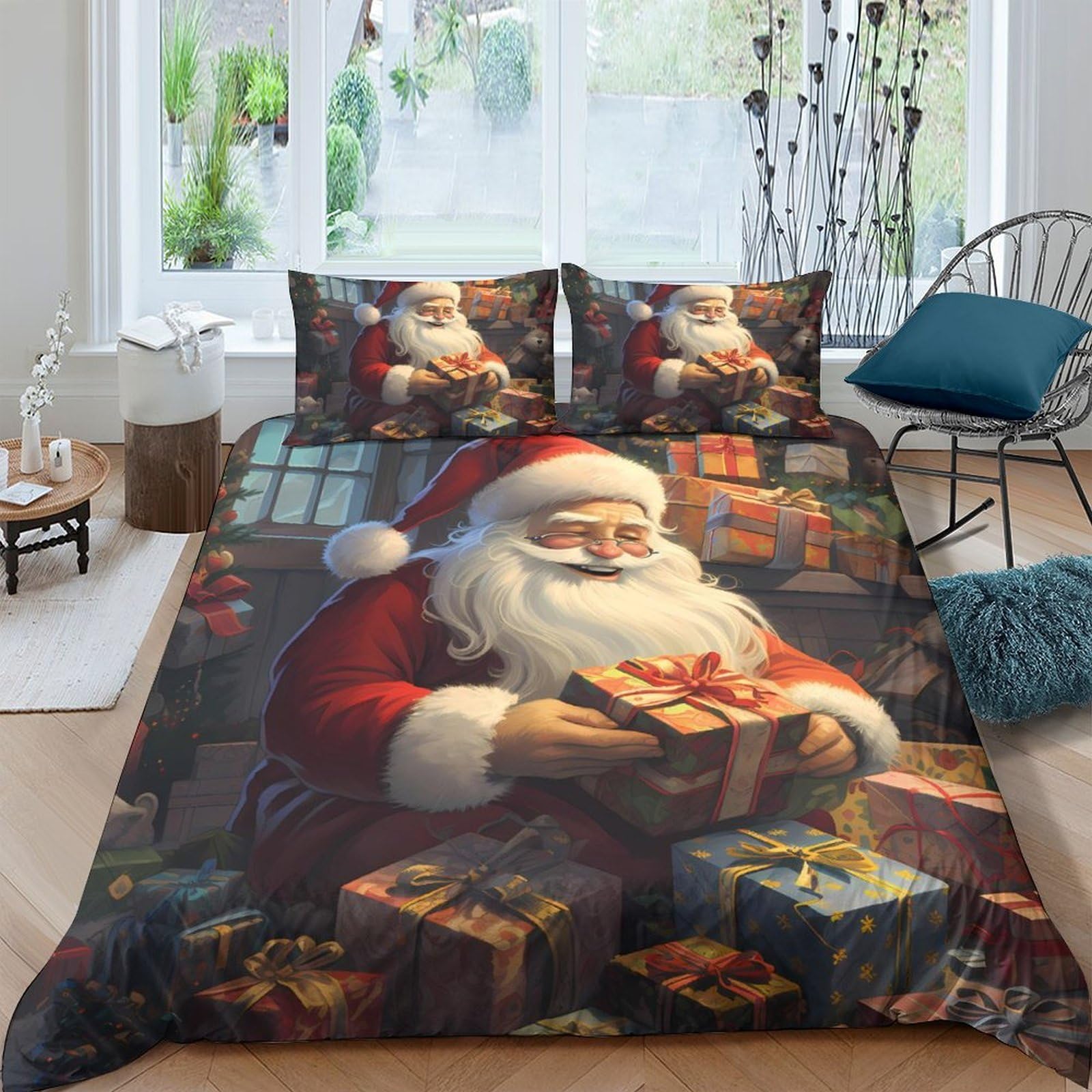 Ctjqhvkz Style-1 3D Printed Santa Claus Christmas Fitted Sheet Microfiber Anti-Slip Bed Cover Festive Bedroom Decor Easy Care Single（135X200cm）