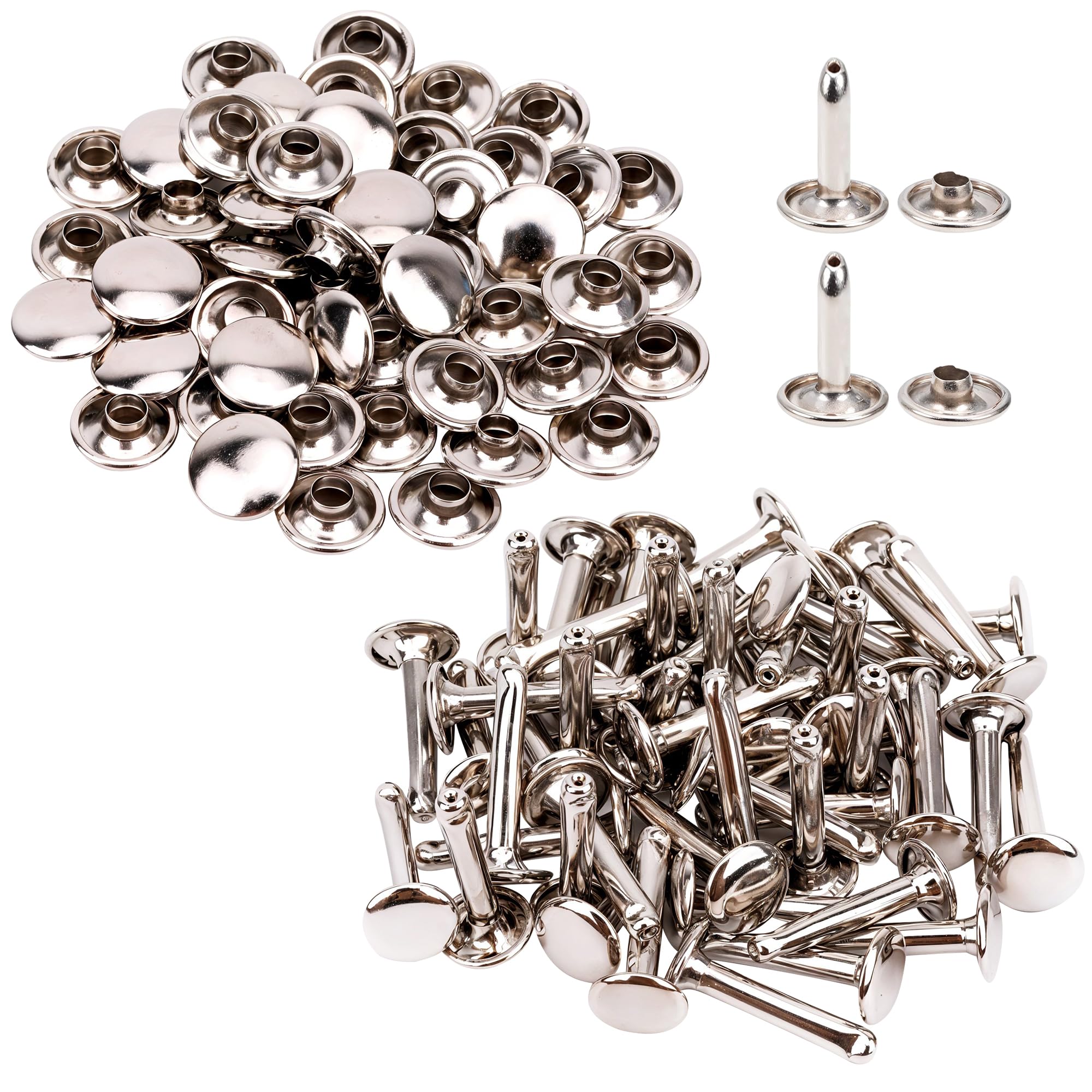WedDecor Silver, 50 Sets of 200mm Double Cap Rivets, Tubular Metal Studs for DIY Projects, Leather Crafting, Sewing & Clothing Repair - 20mm x 9mm Silver Rivets for Crafts & Repairs