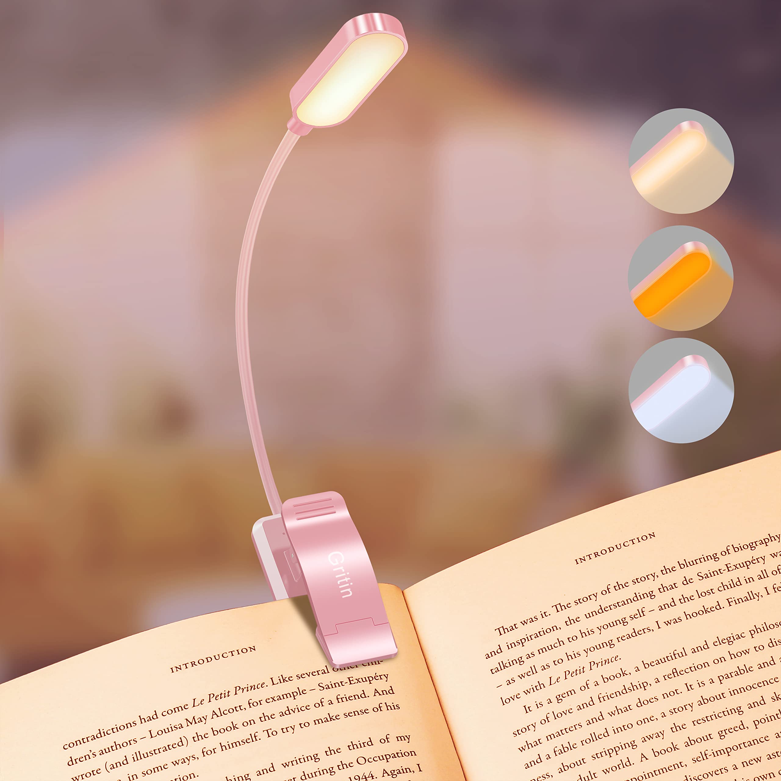 Gritin 16 LED Rechargeable Book Light for Reading in Bed- Eye Caring 3 Color Temperatures, Stepless Dimming Brightness, 80 Hrs Runtime, Lightweight Flexible Clip on Light for Book Lovers-Pink