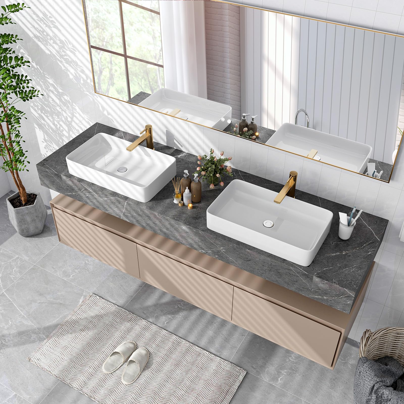 GIANTEX Lavabo rectangulaire à poser, en céramique, blanc, avec évacuation pop-up, 60 cm de large, pour salle de bain et WC d'invités ED0873DE