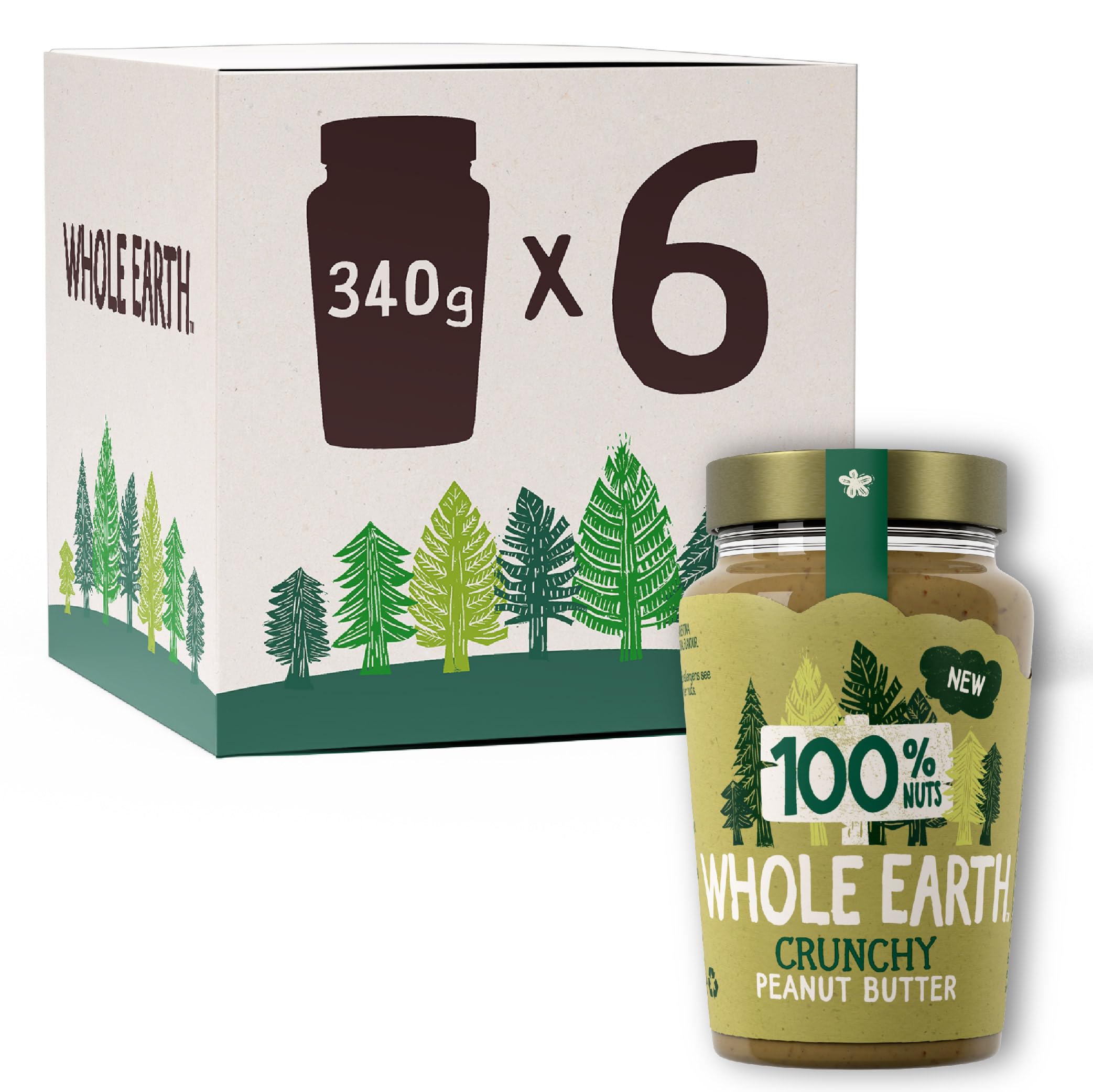 Whole Earth • 100% Original Crunchy Peanut Butter • Nothing but Peanuts • Nut Spread Made with 100% Natural Ingredients • No Added Sugar • High Protein • Gluten Free • Vegan Friendly • 340g x 6 Jars