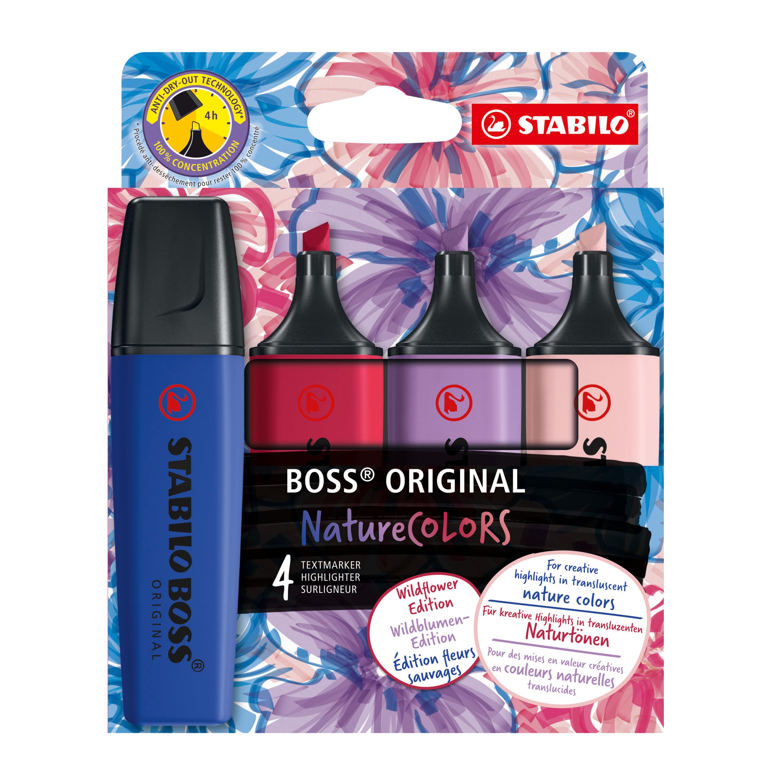 STABILO BOSS ORIGINAL NatureCOLORS Wildflower - Highlighter - Pack of 4 - Blush, Burgundy, Grey Violet and Ultramarine