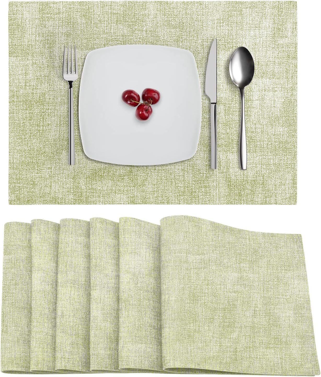 Deep Dream Placemats, Faux Leather Heat Resistant Placemats Set of 6, Waterproof Wipeable PU Table Mats for Dining Table, Easy to Clean, Grass Green