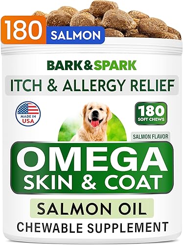 BARK&SPARK Omega 3 para perros 180 golosinas de aceite de pescado para desprendimiento de perros, alergias en la piel, alivio de picazón,