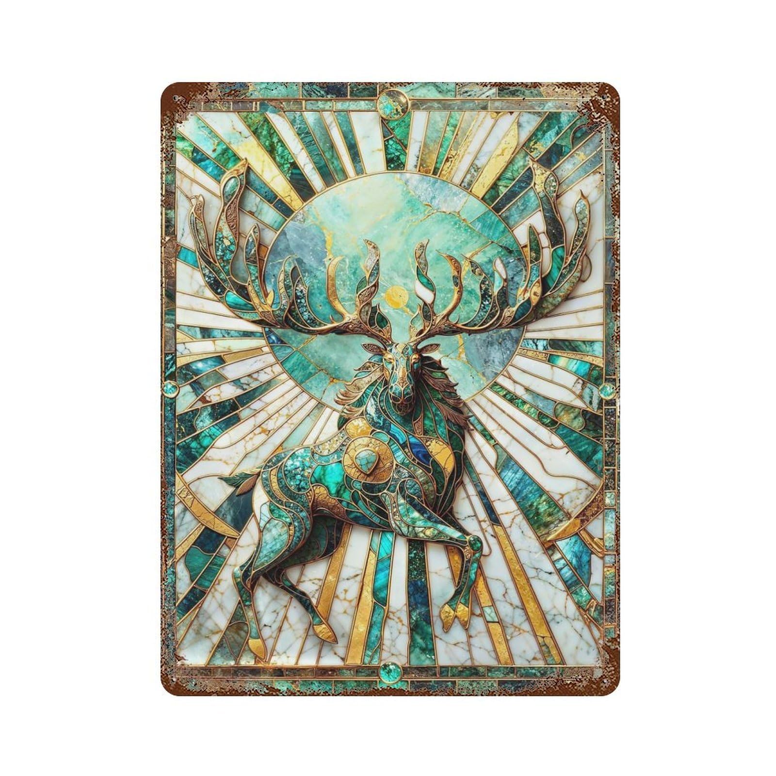 Jade Sun Elk Kintsugi Weathered Tin Sign 15.7"x11.8", Ideal for Basement, Hobby Room And Garage Decor