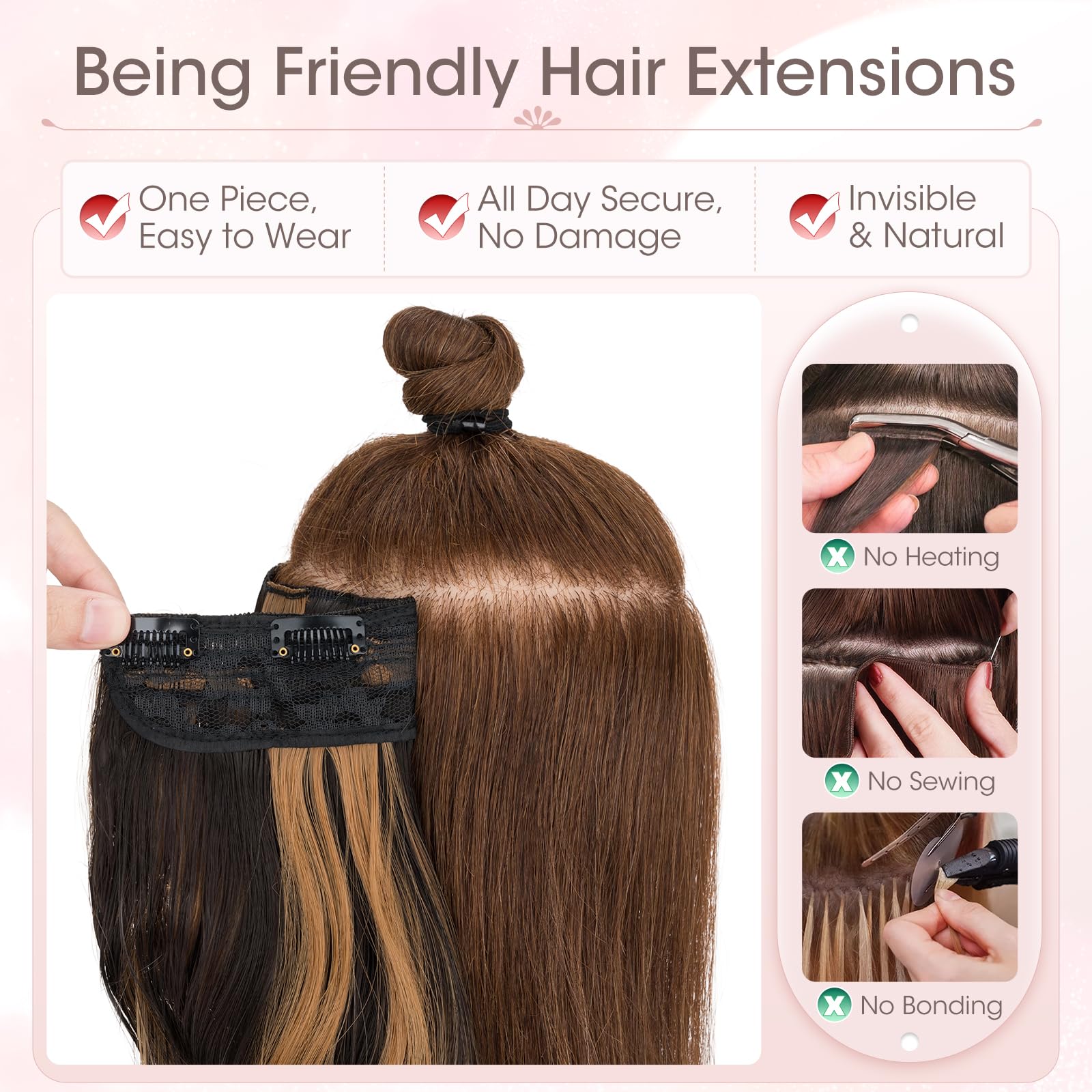 Silk-co One Piece Clip In Hair Extensions Curly 150g Hair Extensions Clip in Hairpieces 5 Clips Wavy Curly Synthetic 3/4 Half Full Head for Laides and Women 20 Inch(50 cm) Light Brown mix Golden Brown - Image 2