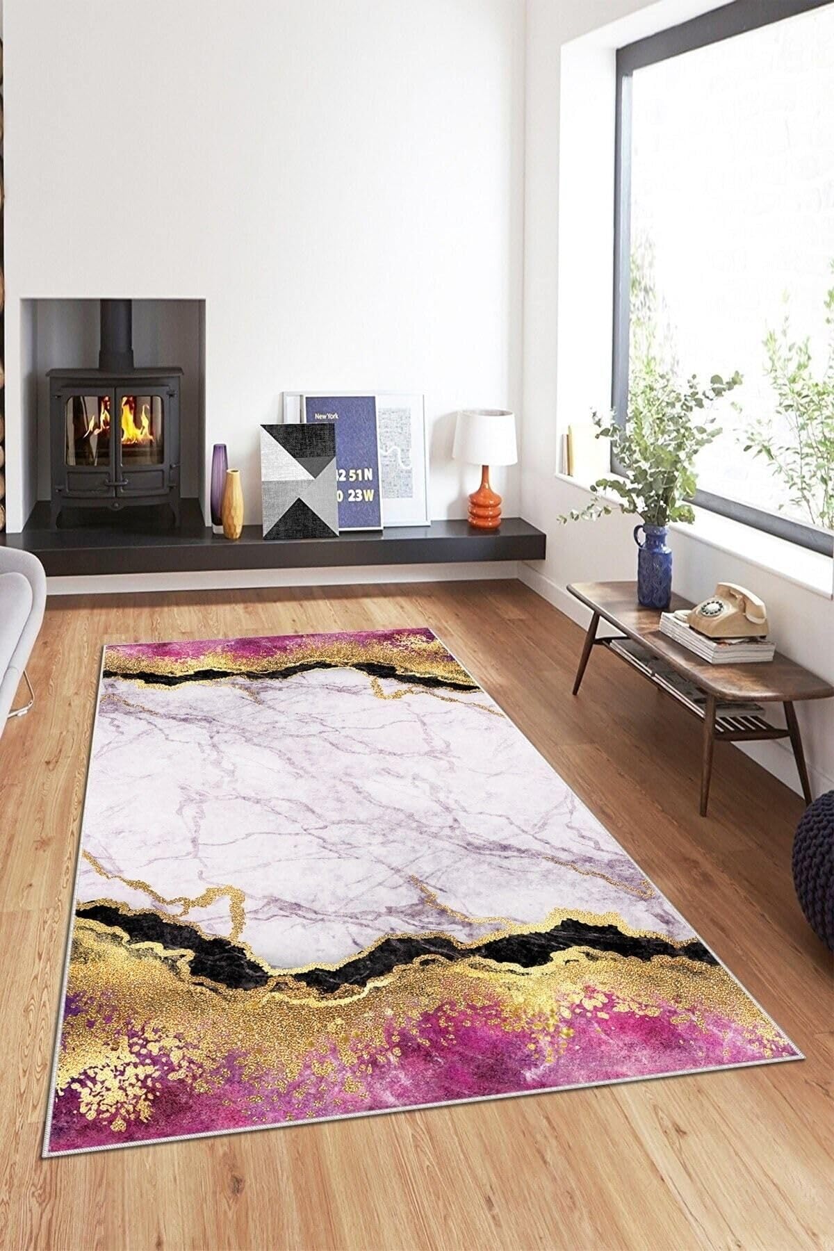Pelangi Pembe Beyaz Mermer Gold Işleme Yıkanabilir Kaymaz Taban Leke Tutmaz Modern Salon Halısı Ve Yolluk, Pembe 100 x 200, 1358071100200728