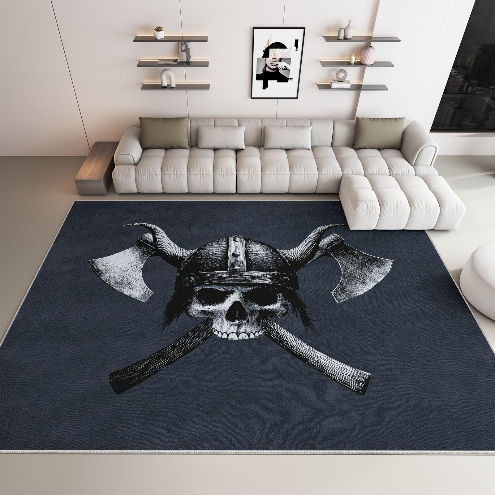 Tapis salon hache à crâne gris lavable et antidérapant
