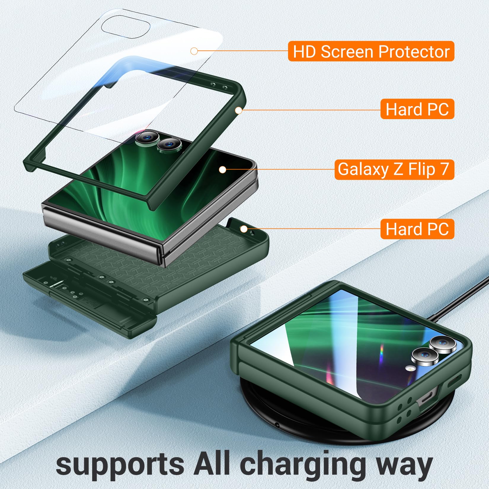 Custodia per Samsung Galaxy Z Flip 7 con protezione frontale integrata, cavalletto, protezione con cerniere, in policarbonato rigido, ultra sottile, antiurto, custodia protettiva per Galaxy Z