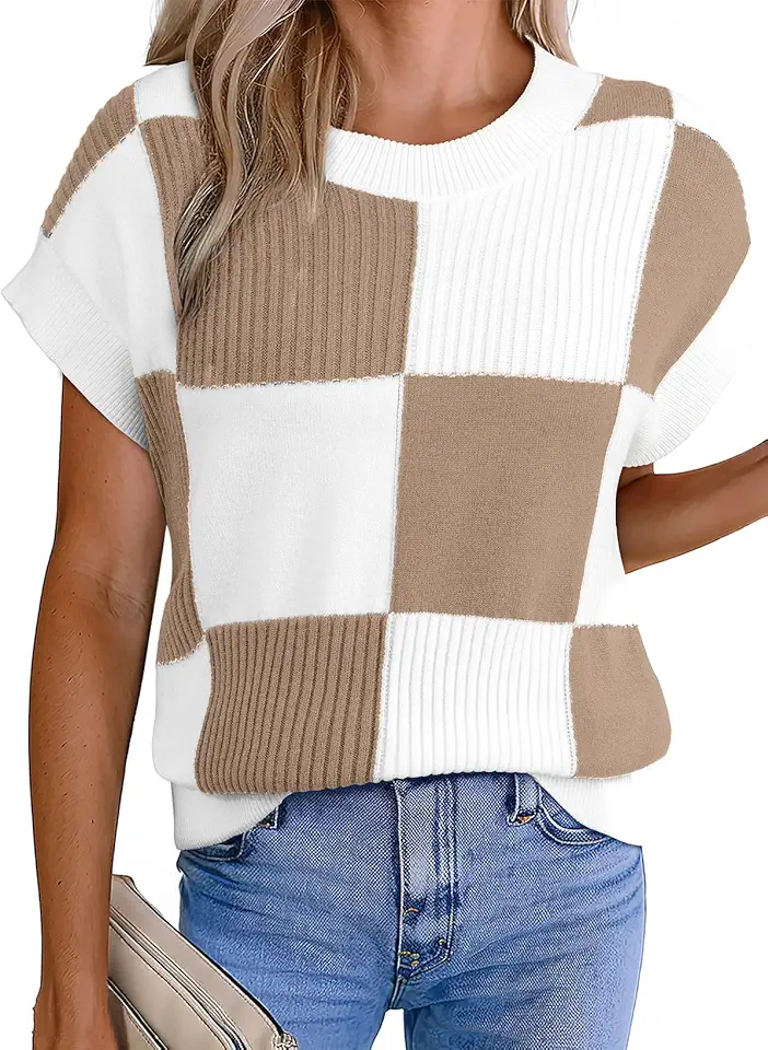 EVALESS Short Sleeve Sweater for Women Crewneck Color Block Knit Tops 2025 Fall Trendy Cap Sleeve Sweater Vest