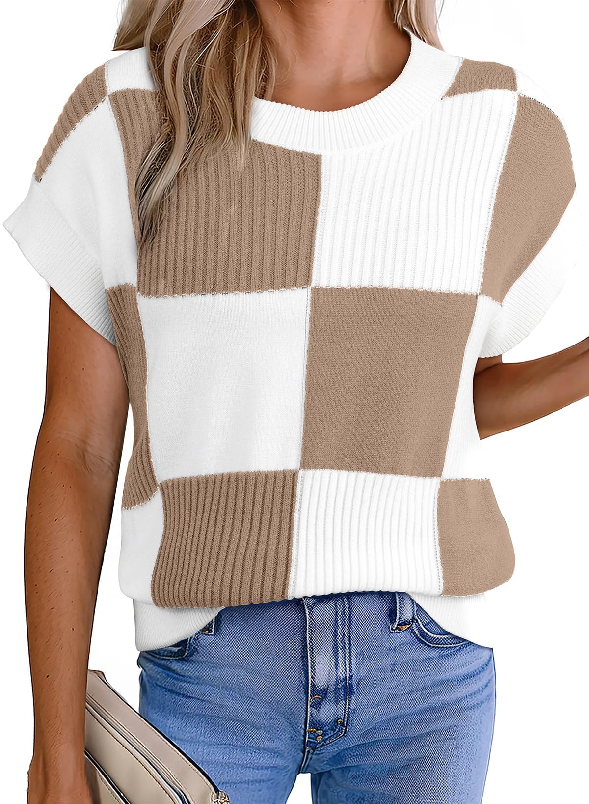EVALESS Short Sleeve Sweater for Women Crewneck Color Block Knit Tops 2026 Spring Trendy Cap Sleeve Sweater Vest