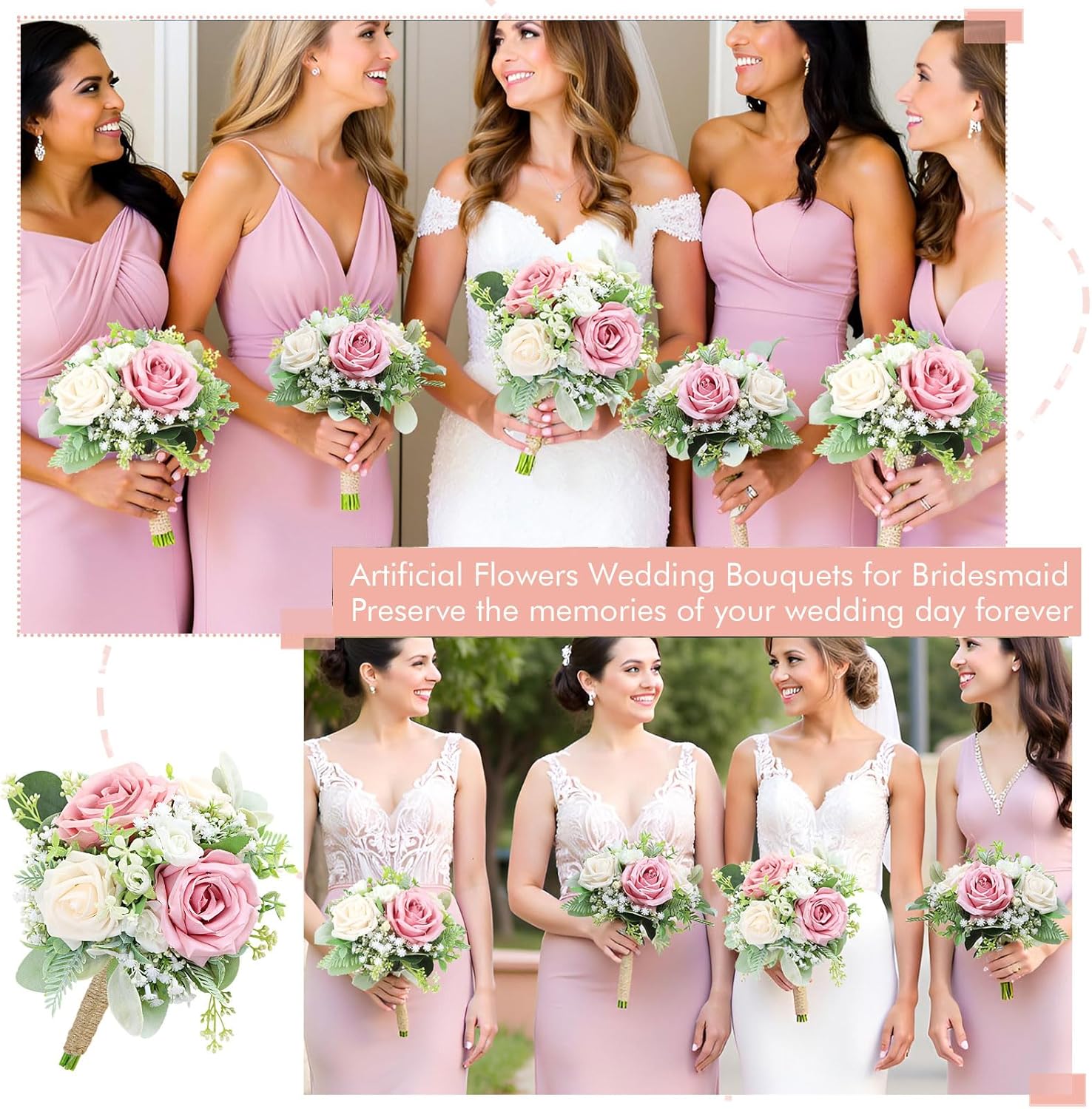Pink Bridesmaids Bouquets Set of 6 - 7 Inch Artificial Flowers Bridesmaid Bouquet for Wedding Pre-Made Rustic Rose Small Floral Bouquets for Bridal Shower Marriage Proposal Party Anniversary Decor - Image 2