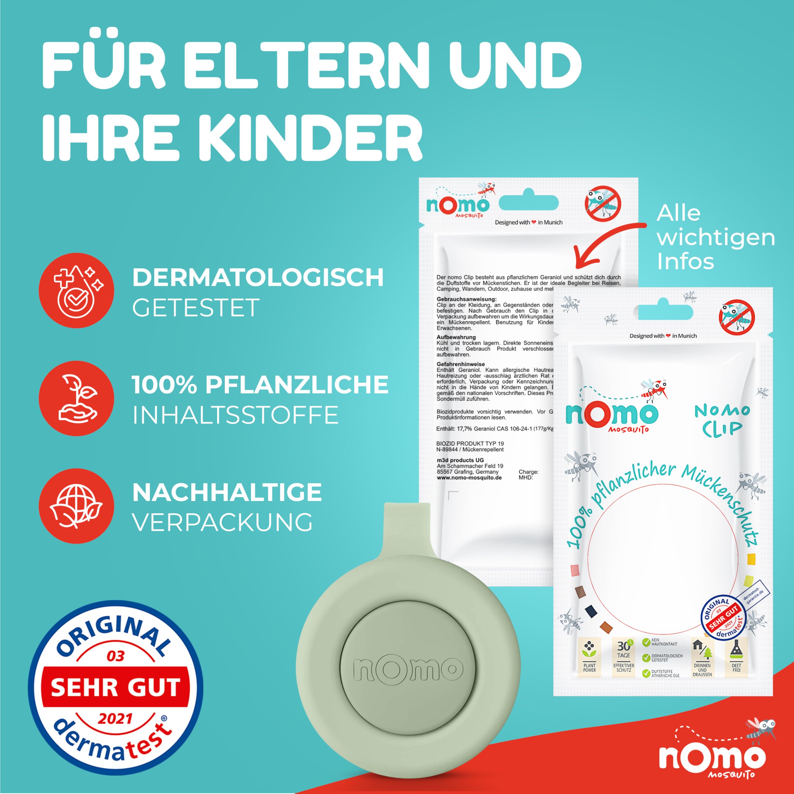 Anti Mücken Clip • Rein pflanzlicher Mückenschutz für Baby & Kinder • Insektenschutz Clip gegen Mücken, Moskito & Insekten • 30 Tage Wirkung • BPA-frei & ohne DEET