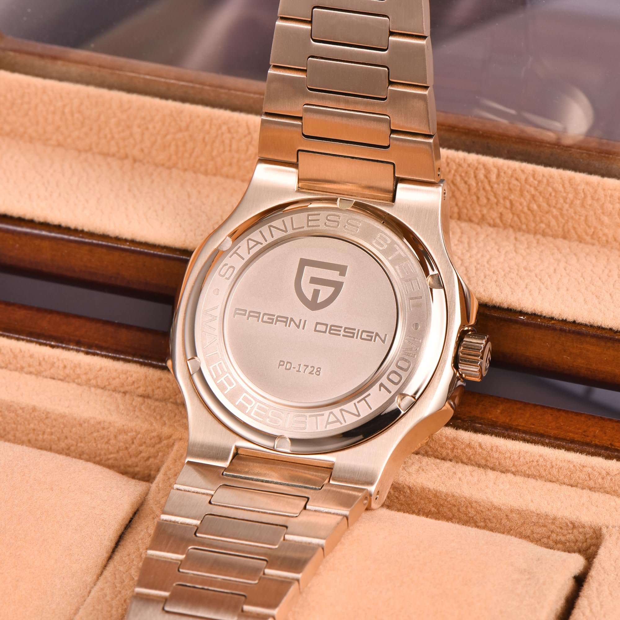 Pagani Design automatyczny zegarek dla mężczyzn, różowe złoto, 40 mm, stal nierdzewna, minimalistyczny, analogowy, prezent z syntetycznym szafirowym szkłem tarczowym, wodoodporny 100 m