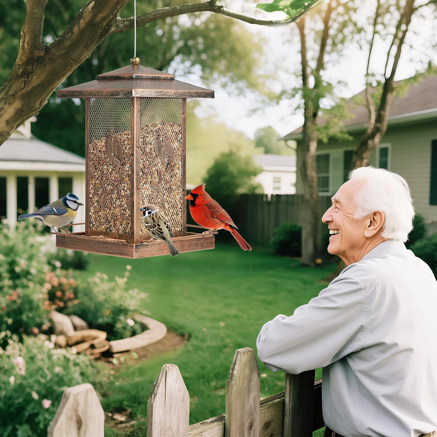 LBTING Bird Feeder for Outside, Metal Lantern-Shaped Bird Feeder, Wild Bird Feeders for Hanging Outdoor Garden Yard, Birds Pattern