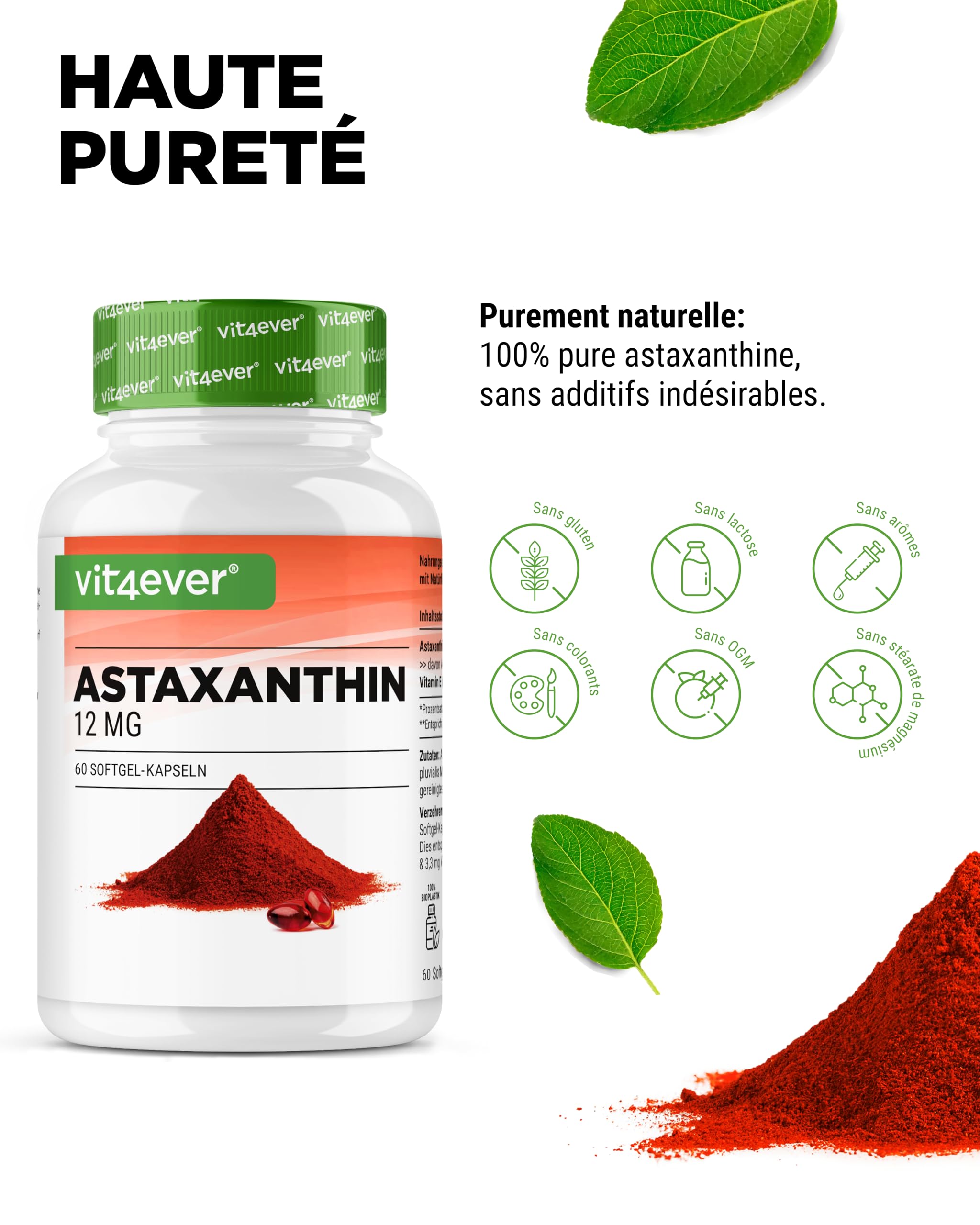 Astaxanthine 12 mg Depot - 60 Capsules Softgel - A Partir de Microalgues Haematococcus Pluvialis Pures - Biodisponibilité Optimisée avec de la Vitamine E et de l'Huile d'Olive