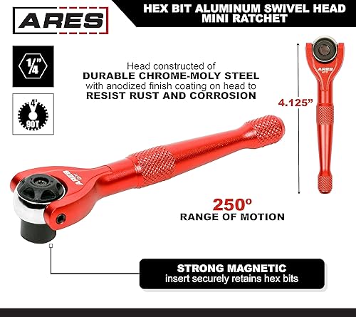 Miniatura 2 de ARES 42111  Trinquete hexagonal de cabeza giratoria de 90 dientes rojo de 14 pulgadas  Giratorio de 250 grados con inserto magnético para retención