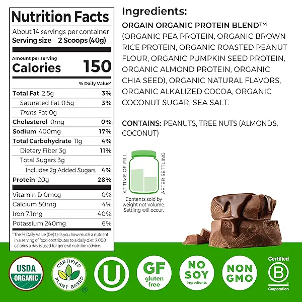 Orgain Organic Simple Vegan Protein Powder, Chocolate - 20g Plant Based Protein, Made with less Ingredients, No Artificial Sweeteners, Gluten Free, No Dairy or Lactose, 1.25 lb (Packaging May Vary) 2