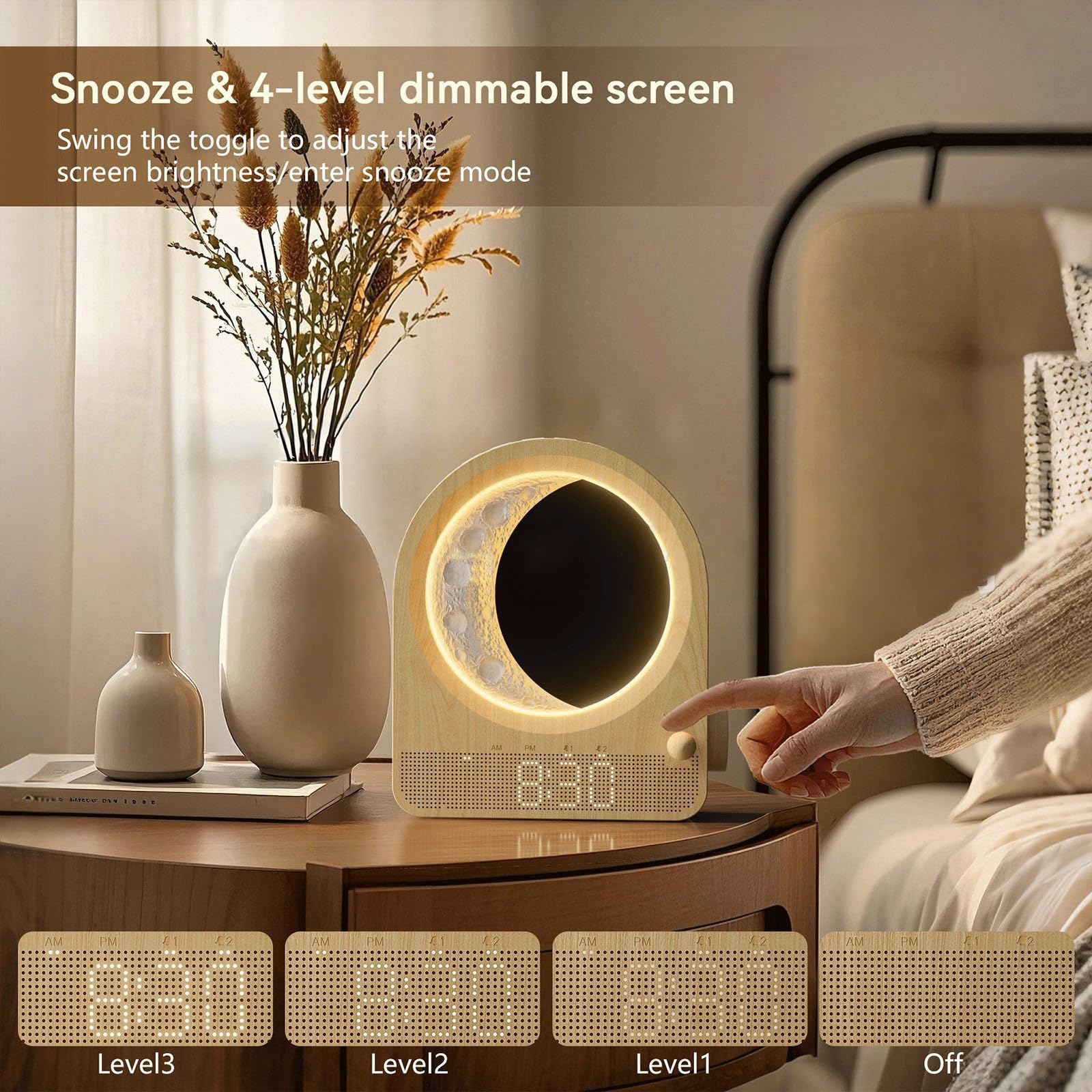 Despertador con Luz De Amanecer, Simulación Suave Del Amanecer y Atenuación Del Atardecer, 8 Sonidos Naturales De Ruido Blanco, Función De Repetición para Relajarse(Wood grain)