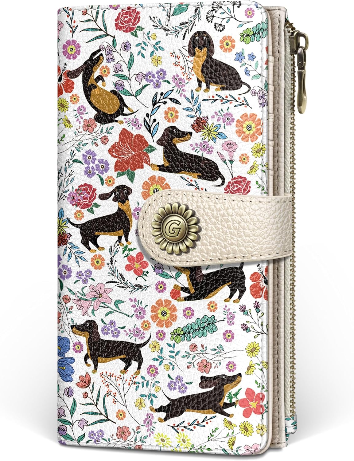 GIANCOMICS Dachshunds Dog Womens Wallet RFID Blocking, Puppy Flower Credit Card Holder Bifold, PU Leather Travel Billfold, Long Cute Cash Purse, Zipper Coin Pocket Clutch, Card Slot, Ladies Gift Woman