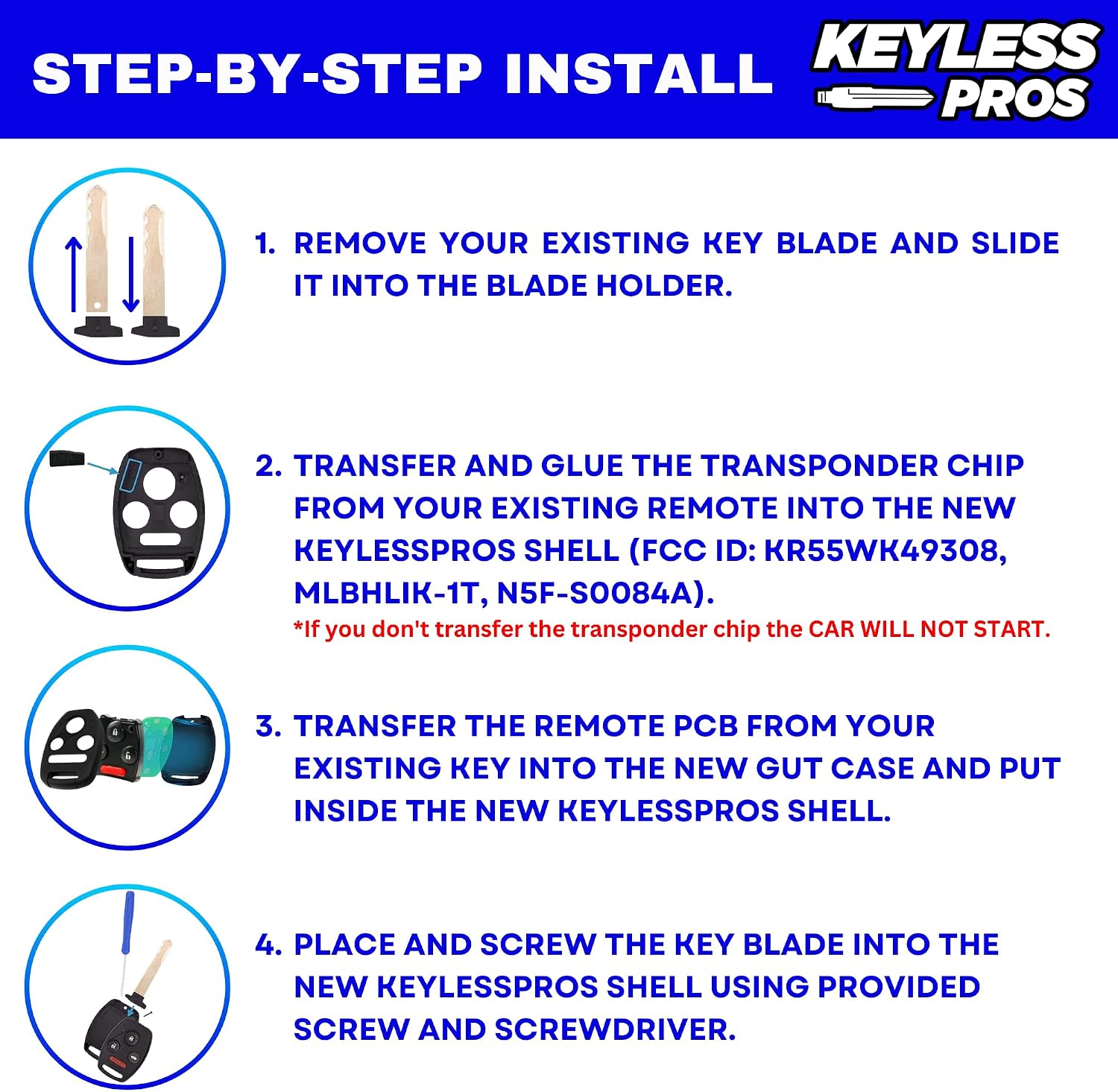 4-Btn Shell Kit & Gut Case, Keyless Entry Remote Key Fob Replacement, fits 2003-2012 Honda Accord, 2006-2013 Civic EX, 2009-2015 Pilot, NO Cutting Required