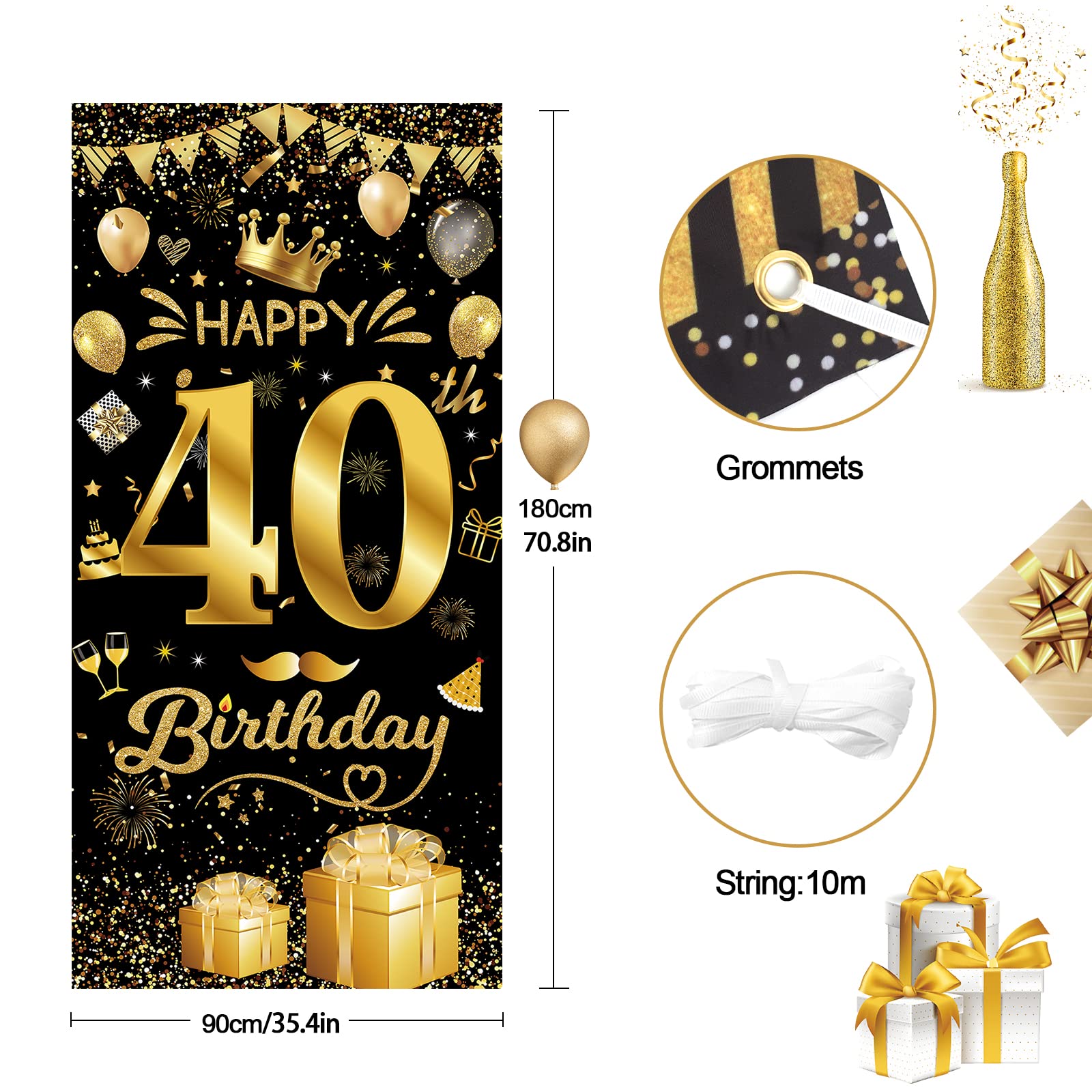 40. Geburtstag Banner Schwarz-gold – 180x110 Cm, Aus Polyester, Wiederverwendbar, Mit Aufhängeschnur
