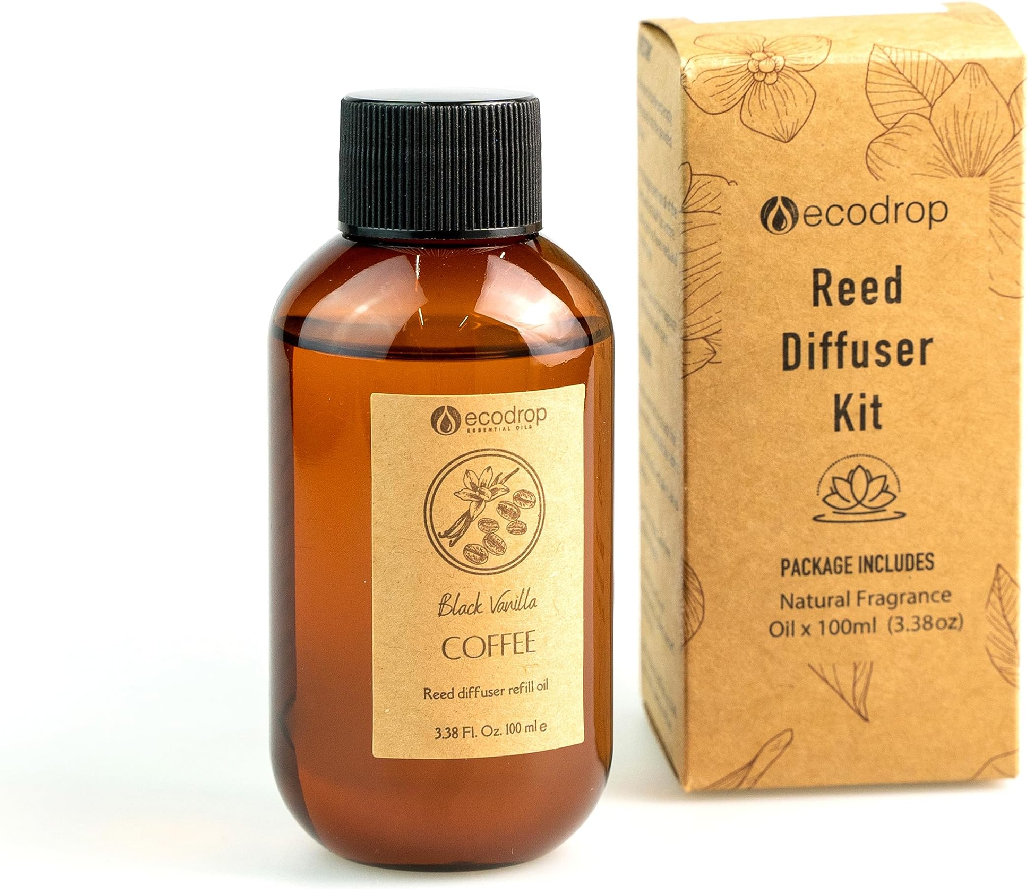 Ecodrop Vanilla & Coffee Oil Refill - 100ml Bottle | Large Strong Scented Vegan Aromatherapy Fragrance Oil Reed Diffuser Refill | Eliminate Office & Home Kitchen, Bedroom & Bathroom Odours