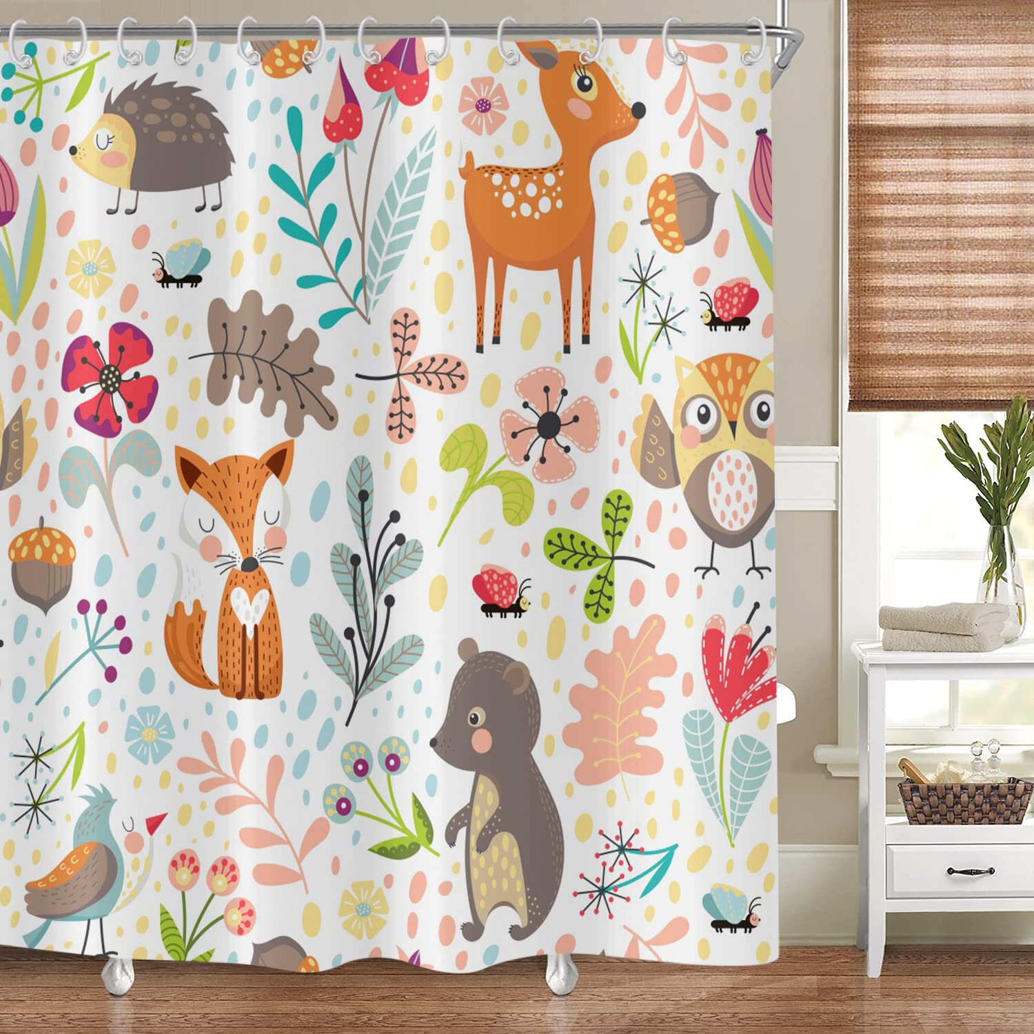 GCIREC Kids Woodland Shower Curtain, Cute Cartoon Animals Forest Wildlife Bathroom Curtain for Boys Girls Bathtub Decor Waterproof Fabric Machine Washable with 12 Hooks