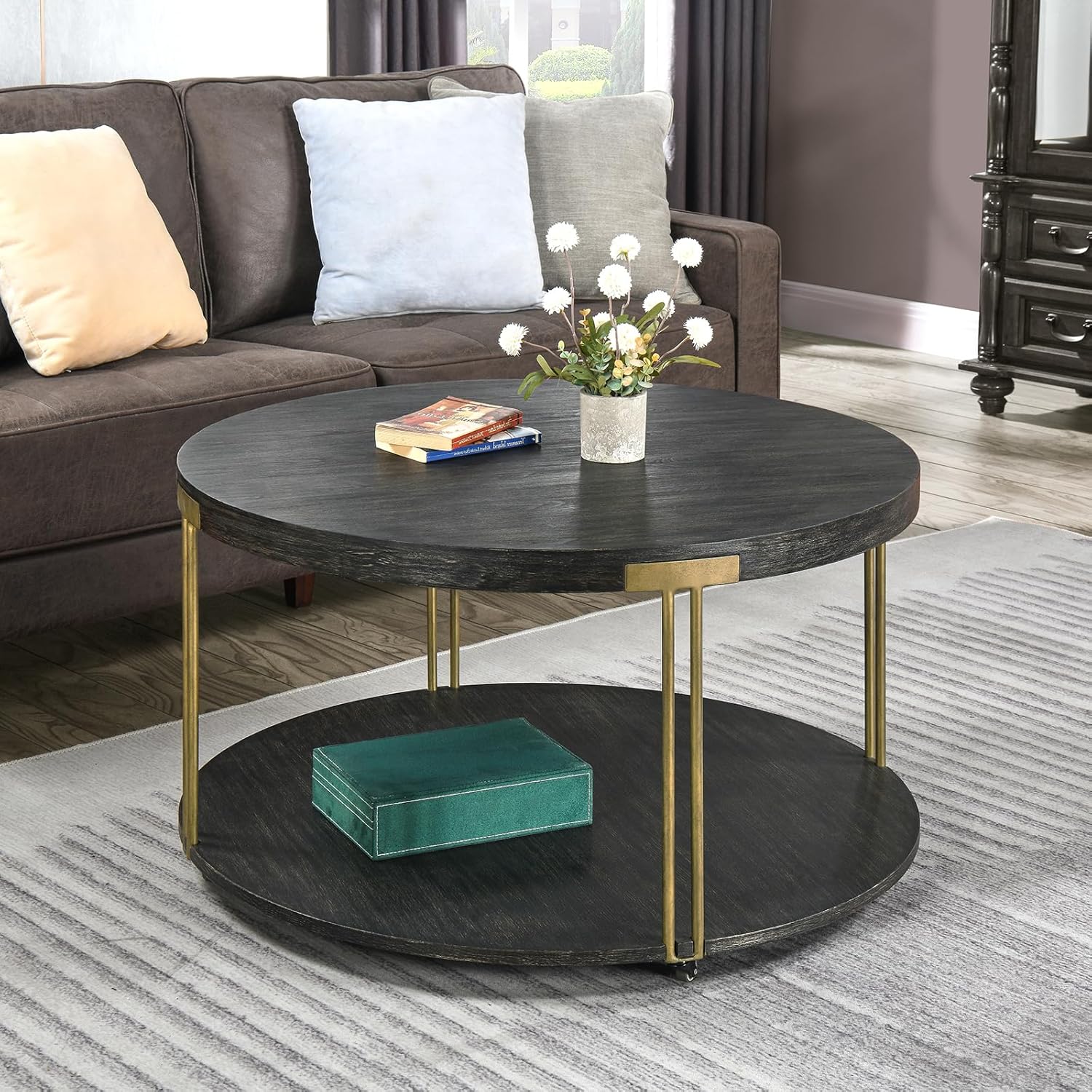 2-Tier Wood Round Coffee Table with Wheels, 35 Inch Modern Rustic Sofa Table Industrial Living Room Cocktail Table with Textured Wooden Top & Golden Metal Legs, Black