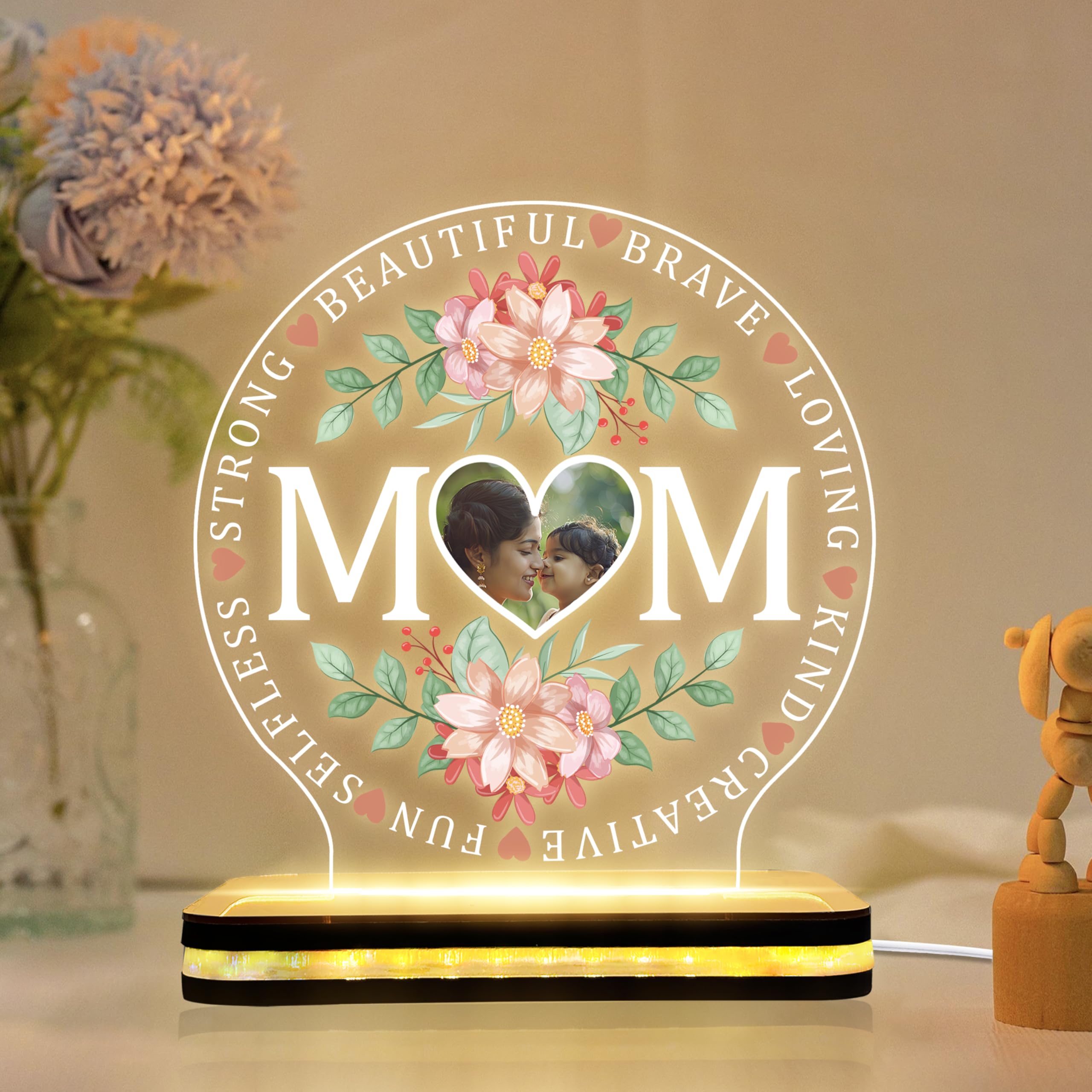 Mothers Day Gift for mom | Personalized Photo Mothers Day Gift Lamps | Acrylic LED Table Lamp with Floral Artwork and Warm Glow with Golden Base | Size (5x5) inch-image-19