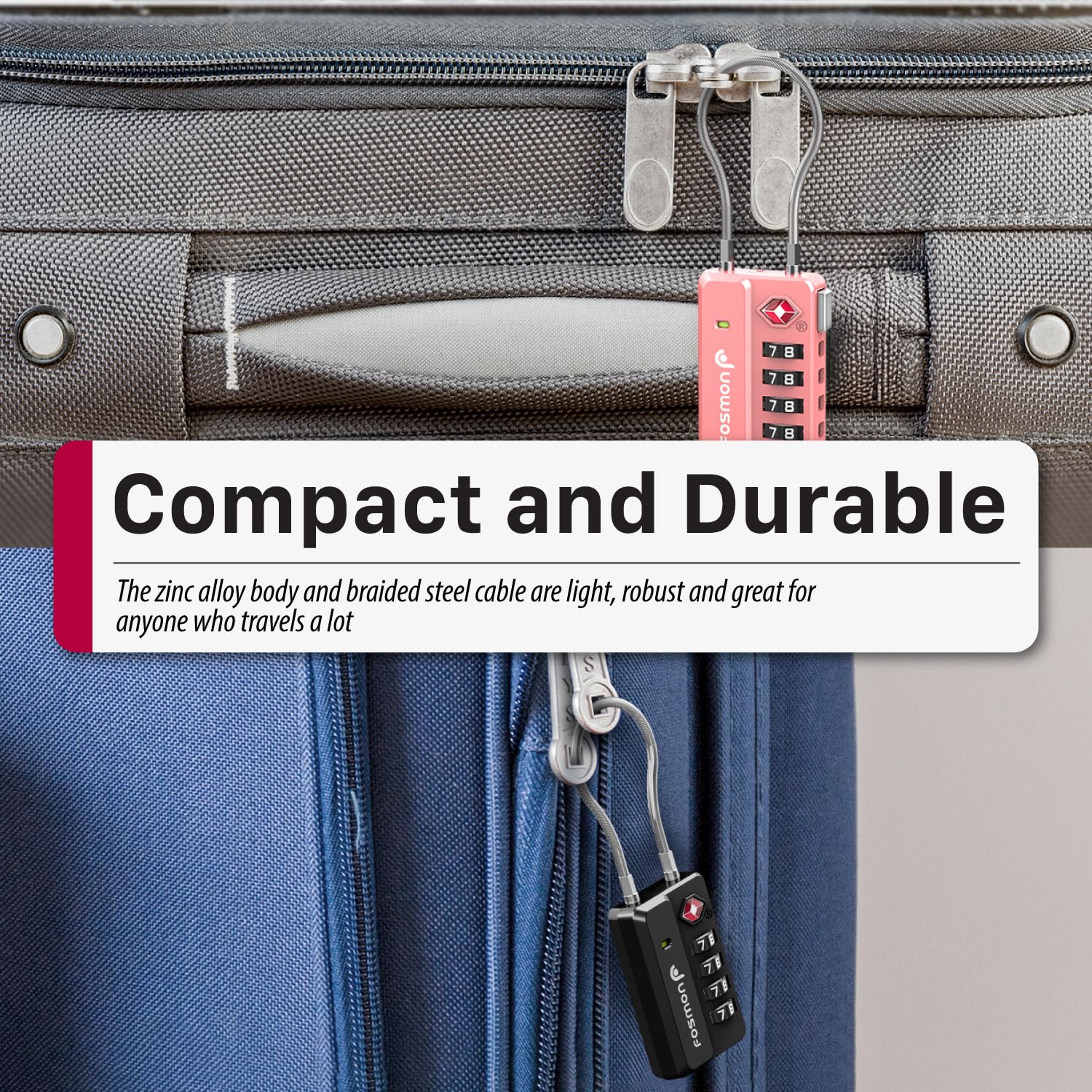 Fosmon Candados TSA con indicador de apertura – Combinación de 4 dígitos para maletas, mochilas, equipaje de mano y taquillas (4 uds, Negro, Azul, Morado, Rosa)