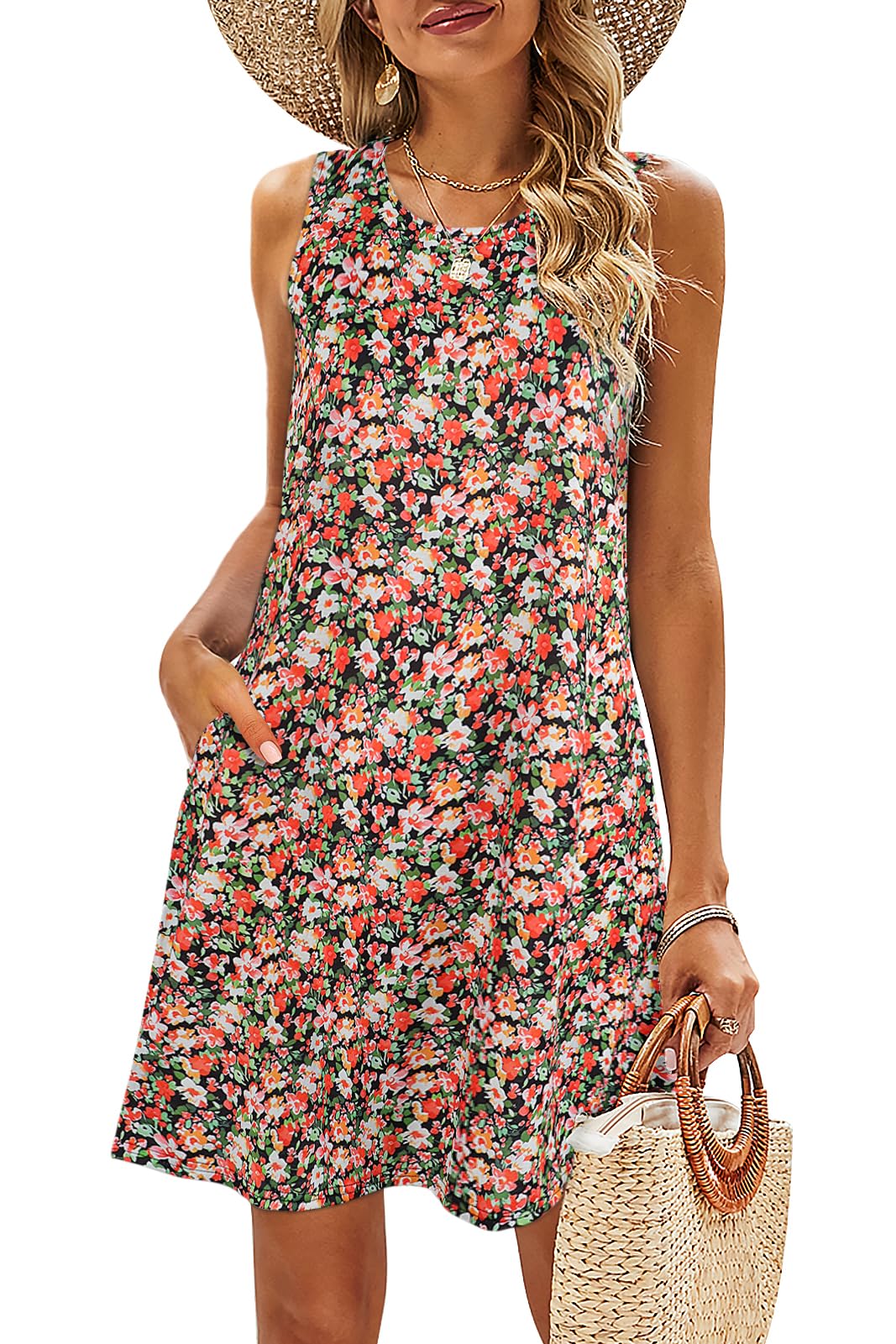 SimpleFun Summer Dresses for Women Beach Floral Tshirt Sundress Casual Pockets Boho Tank Dress