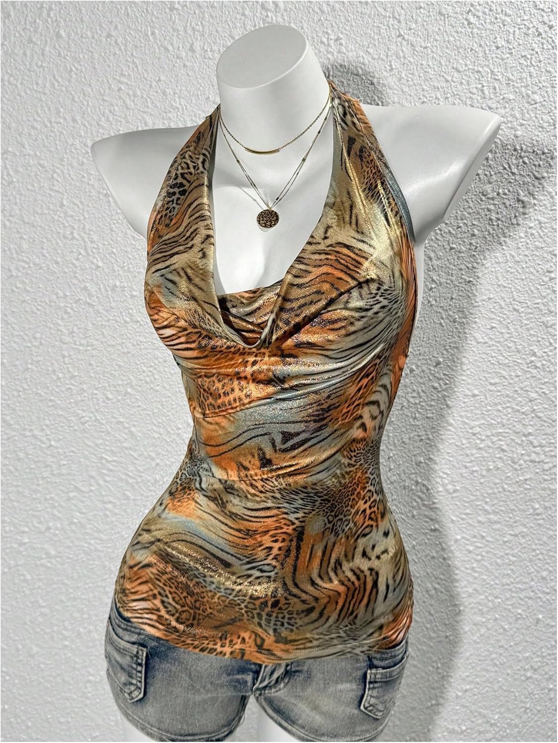 OYOANGLE Women's Leopard Print Tie Backless Draped Front Halter Top Sleeveless Ruched Fitted Tank Tops - Image 5