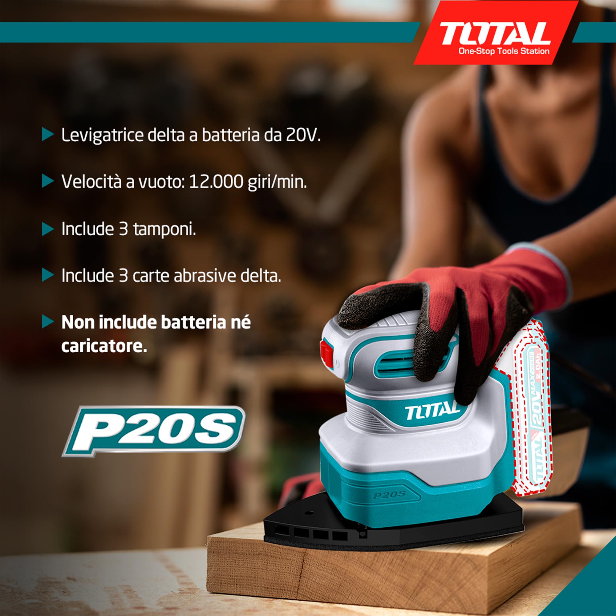 TOTAL - Levigatrice Delta a batteria | Batteria da 20V a lunga durata | Facile da usare | Include 3 tamponi e 3 carte abrasive Delta | Perfetta per angoli e bordi | Velocità a vuoto 12.000 giri/min