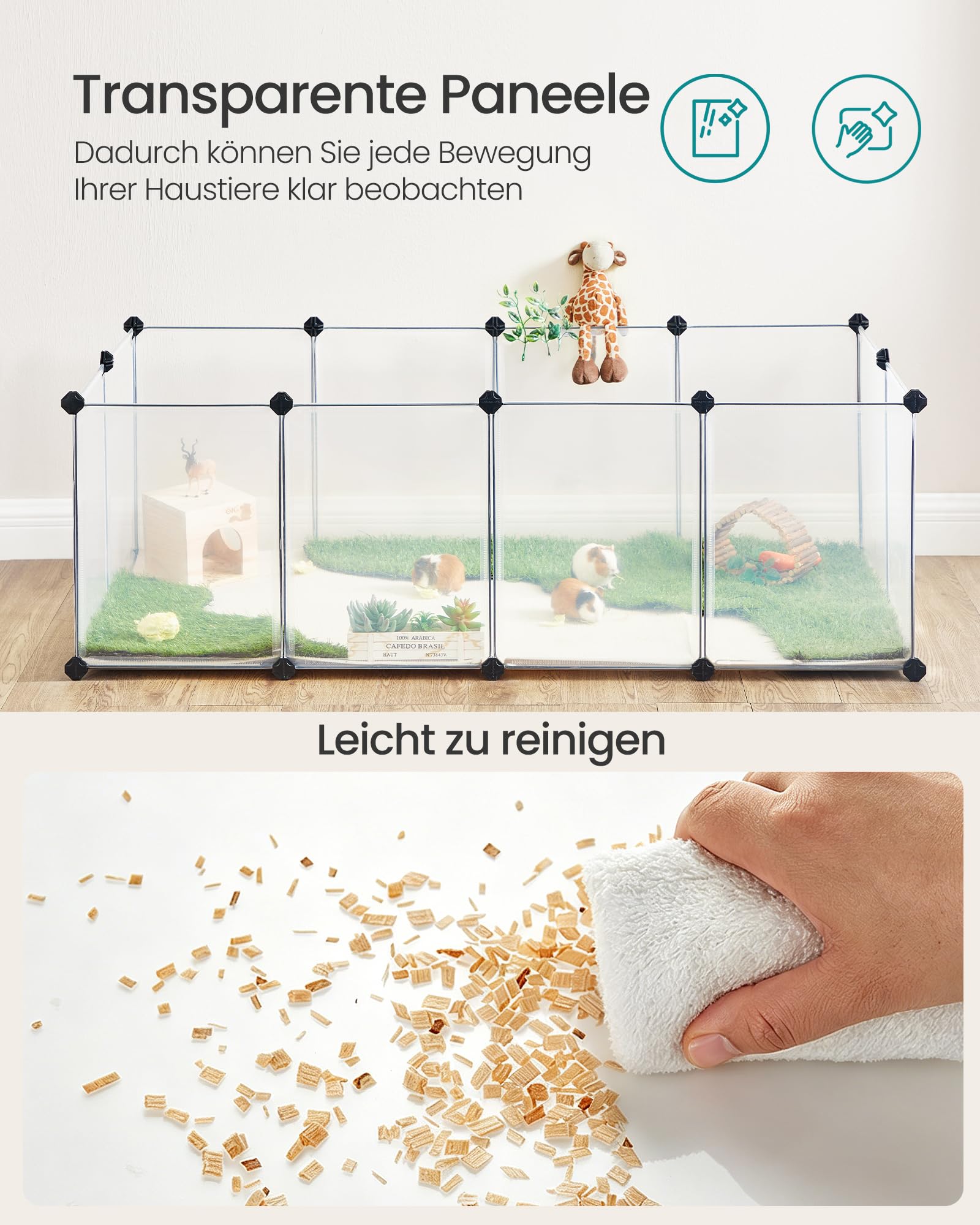SONGMICS Freigehege mit Bodenplatten, Laufstall, Meerschweinchen Gehege, aus Kunststoff, Gehege für Hamster, Kaninchen, Igel, 140 x 70 x 45 cm, weiß LPC02W