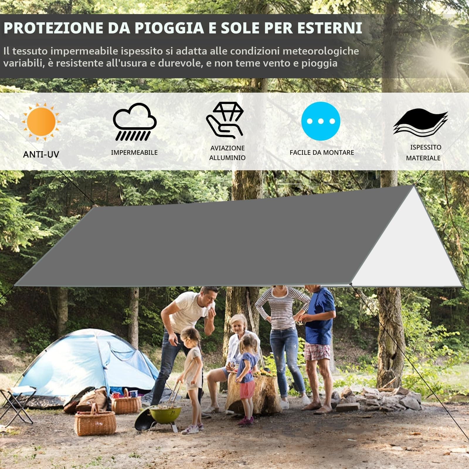Tarp Campeggio, 3x3m Telo per Tenda Impermeabile Accessori Campeggio, Tenda Parasole Protezione UV Ultra Leggero con 6 Chiodi e 6 Corde del Vento, per Campeggio, Trekking, Spiaggia, Picnic