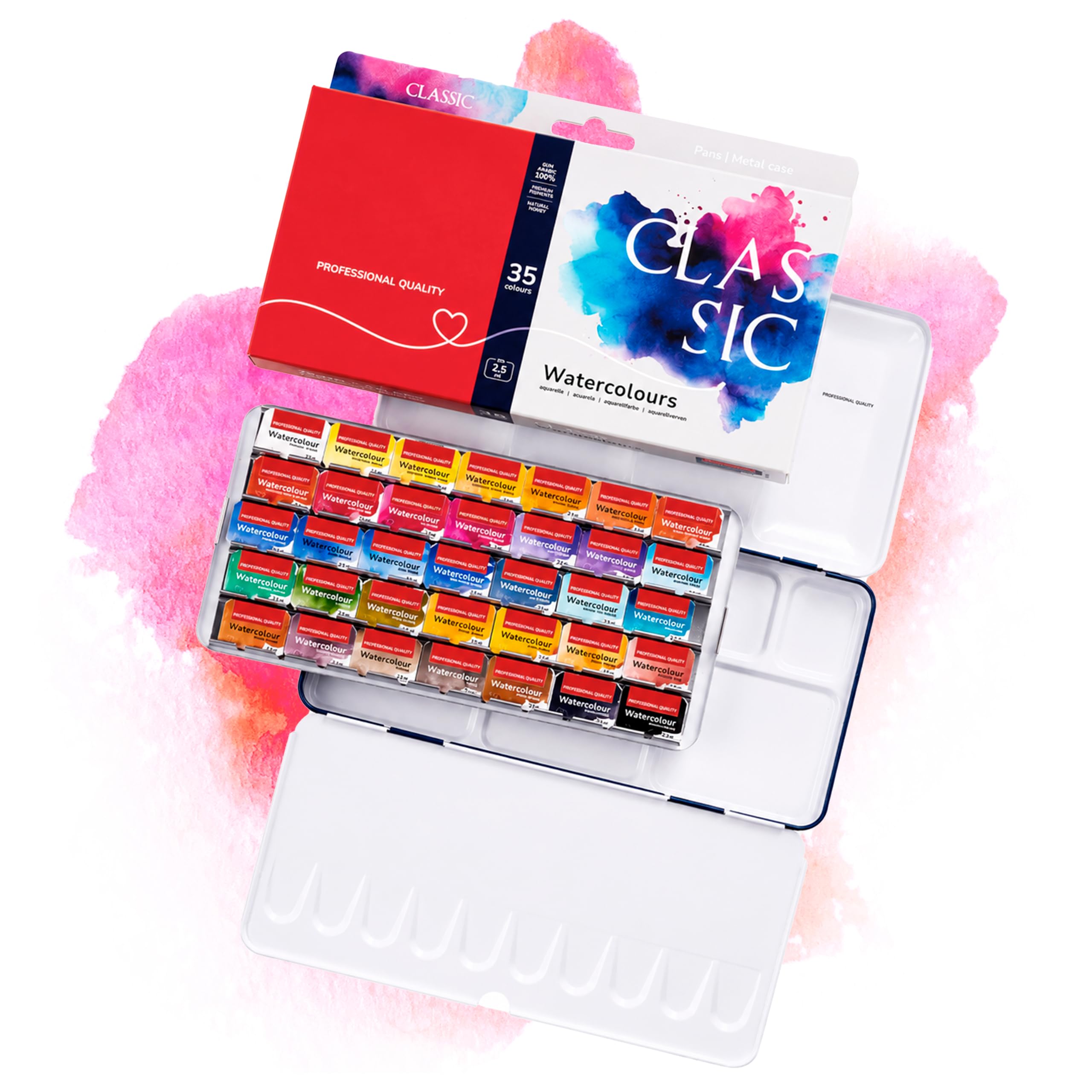 Kit Aquarelle Peinture – 35 x Godet Aquarelles Professionnelle Extra Fine Сlassique | Palette Aquarelle Adulte Portable pour Voyage et L’atelier D’artiste | Coffret en Métal