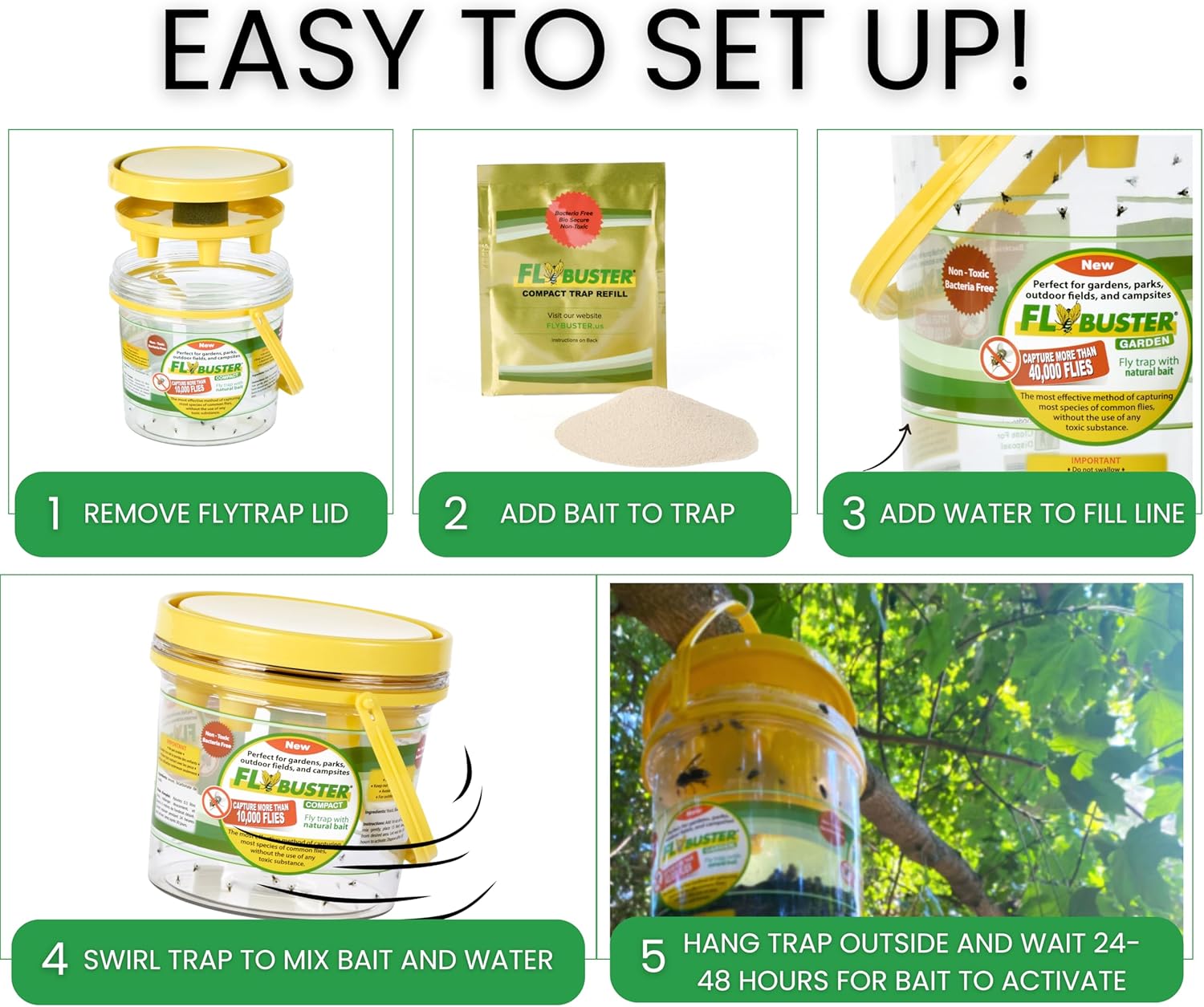 Fly Trap | Outdoor Device for Catching Flies | 2-Liter Garden Size | Comes with One Flytrap and 1 Bait Packet | 40,000 Fly Capacity | Non-Toxic | Child & Pet Safe