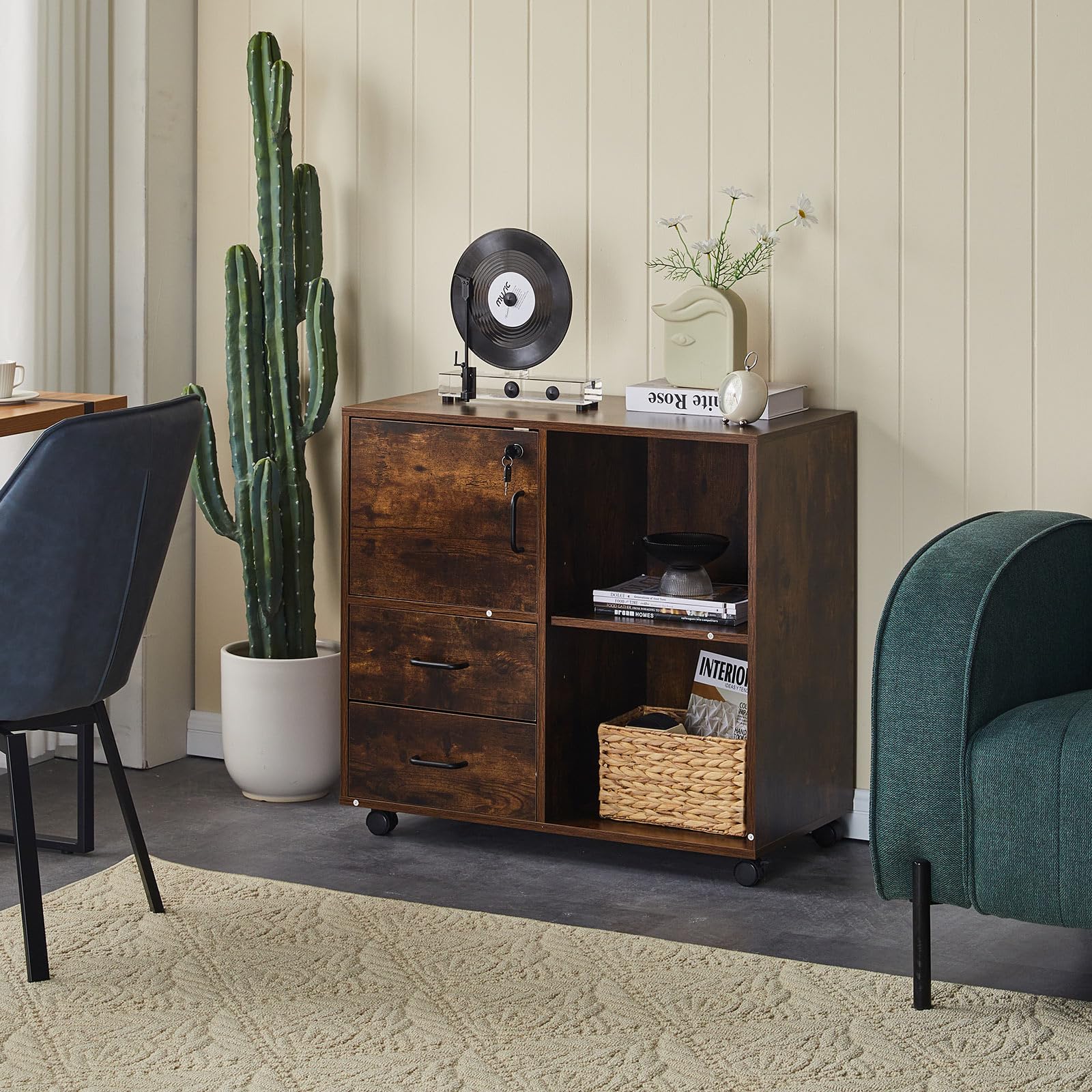 TUKAILAi Caisson de Bureau à 3 Tiroirs, Support Imprimante Mobile avec roulettes, Armoires de Rangement avec Étagères Ouvertes pour Format A4 Style Industriel (Marron Rustique)