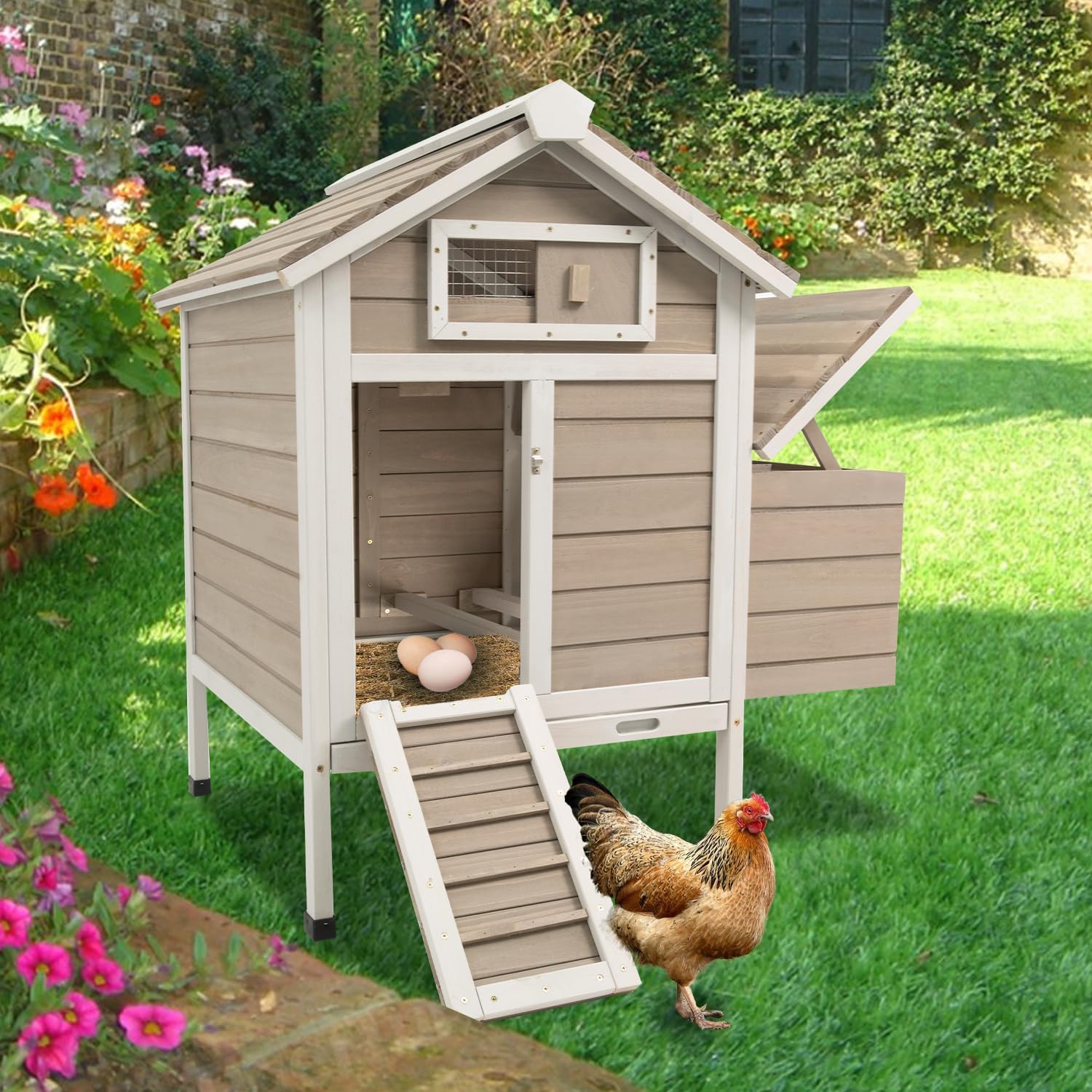 Chicken Coop Chicken House Outdoor with Removable Trays, Wooden Rabbit Hutch Poultry Cage with Nesting Box, Indoor Hen House Chicken Cage with Ramp for Garden Backyard (32"L x 23.6"W x 36.6"H)
