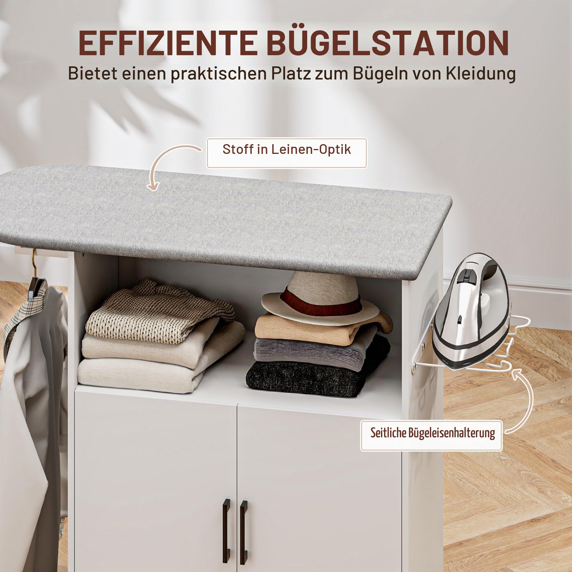 HOMCOM Bügelschrank auf Rädern Bügelbrett mit Hängebügel Offene Ablage und Bügelbrett 125x43,5x102,5 cm Weiß