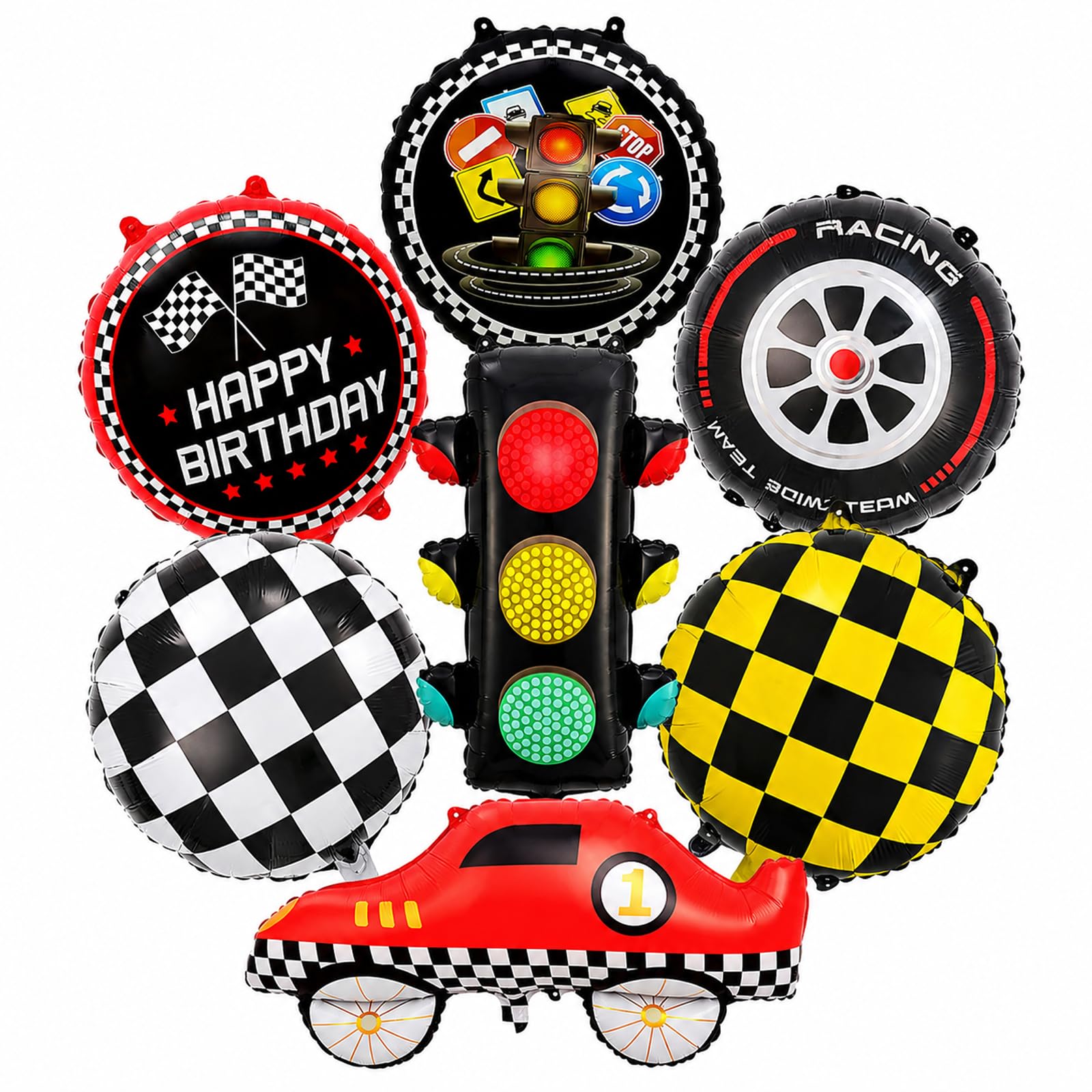 Bolosa Racing Birthday Balloons, 7 Pcs Race Car Foil Balloon Set with Traffic Light Balloon, Chequered Flag Balloons & Car Design, Boys Birthday Party Decorations for Kids Racing Theme Party