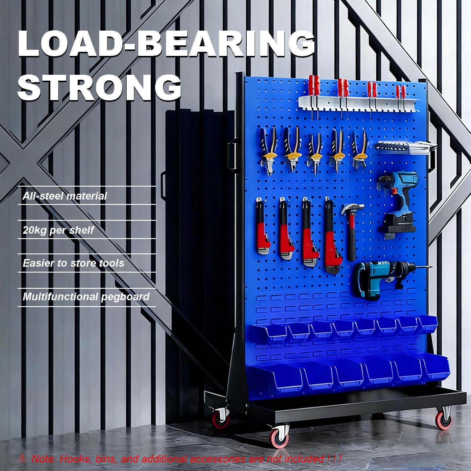 Estante Herramientas Modular, Estante de Almacenamiento para Garaje con Tablero Perforado y Ruedas con Frenos, Carro de Banco de Trabajo Móvil para Fácil Acceso en Taller de Garaje Fábrica 2Tier