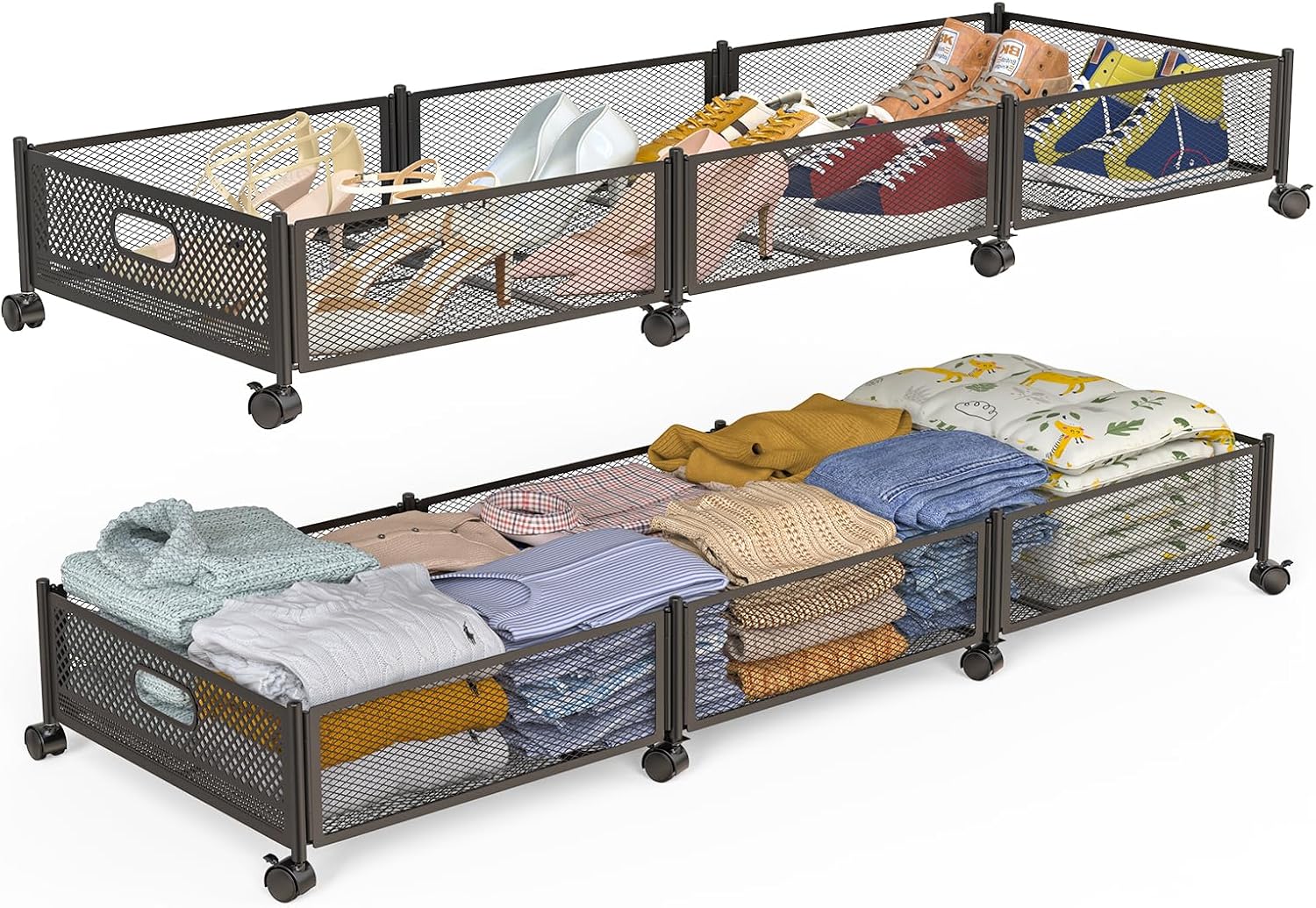 Under Bed Storage With Wheels, 47.2''/90lbs/57.6L, Metal Frame Under Bed Rolling Storage, Tool-Free Assembly Underbed Drawers, Underbed Organizer Containers for Shoes, Clothes and Toys (2 Pack)