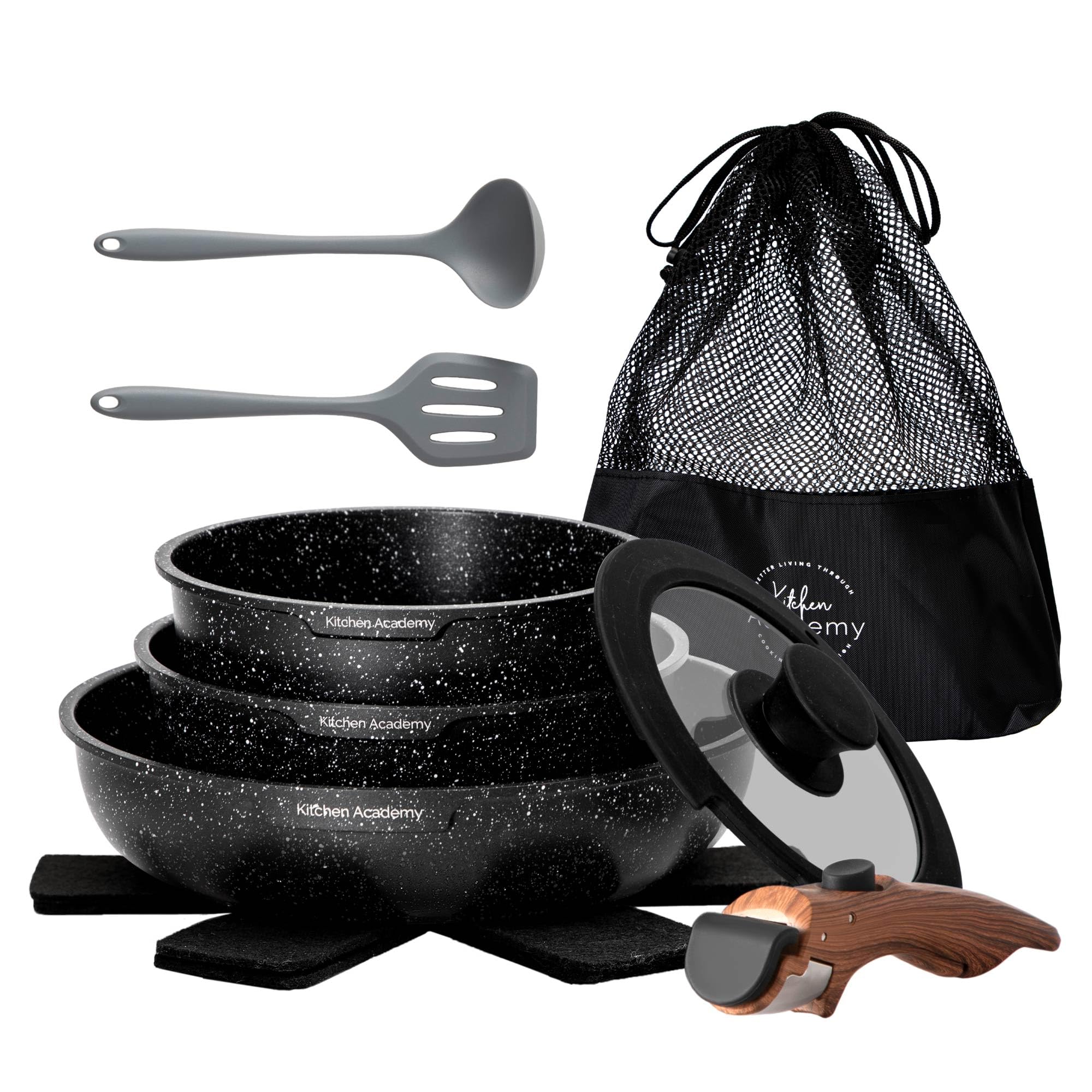 DishDelight 10pcs Pots and Pans Sets Non Stick Granite Induction Hob Pan Set with Detachable Handle Frying Pan Stackable RV Cooking Set for Camping Nonstick(Black)
