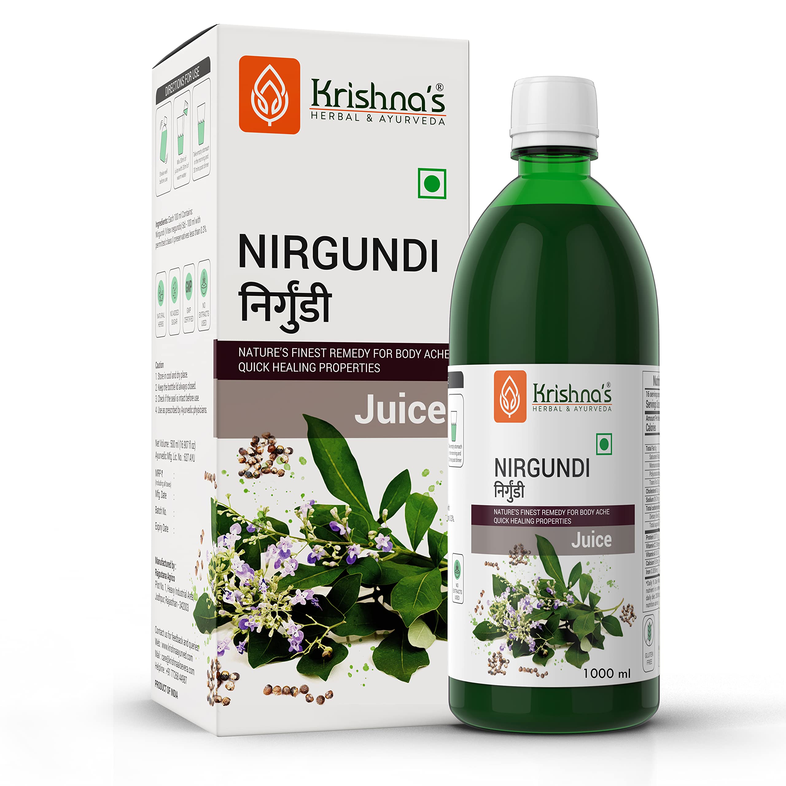 Krishnas Nirgundi Juice - 1000 ml | (Pack of 1) | Natural Pain Reliever | Supports Joint and Bone Health (B0BXHFVZJ2) Amazon Price History, Amazon Price Tracker
